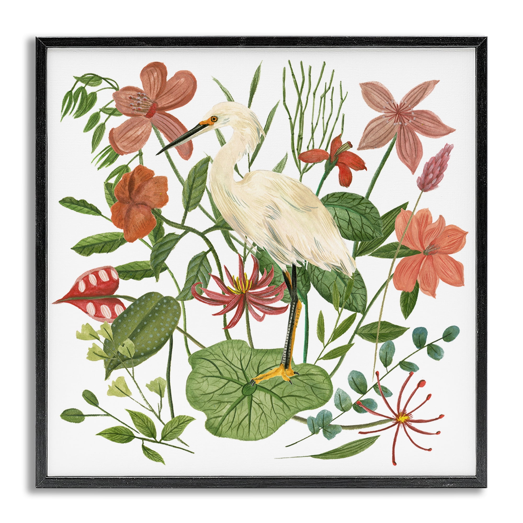 Stupell Industries Heron with Wild Florals Landscape Painting Gray Framed Art Print Wall Art, 24 x 24