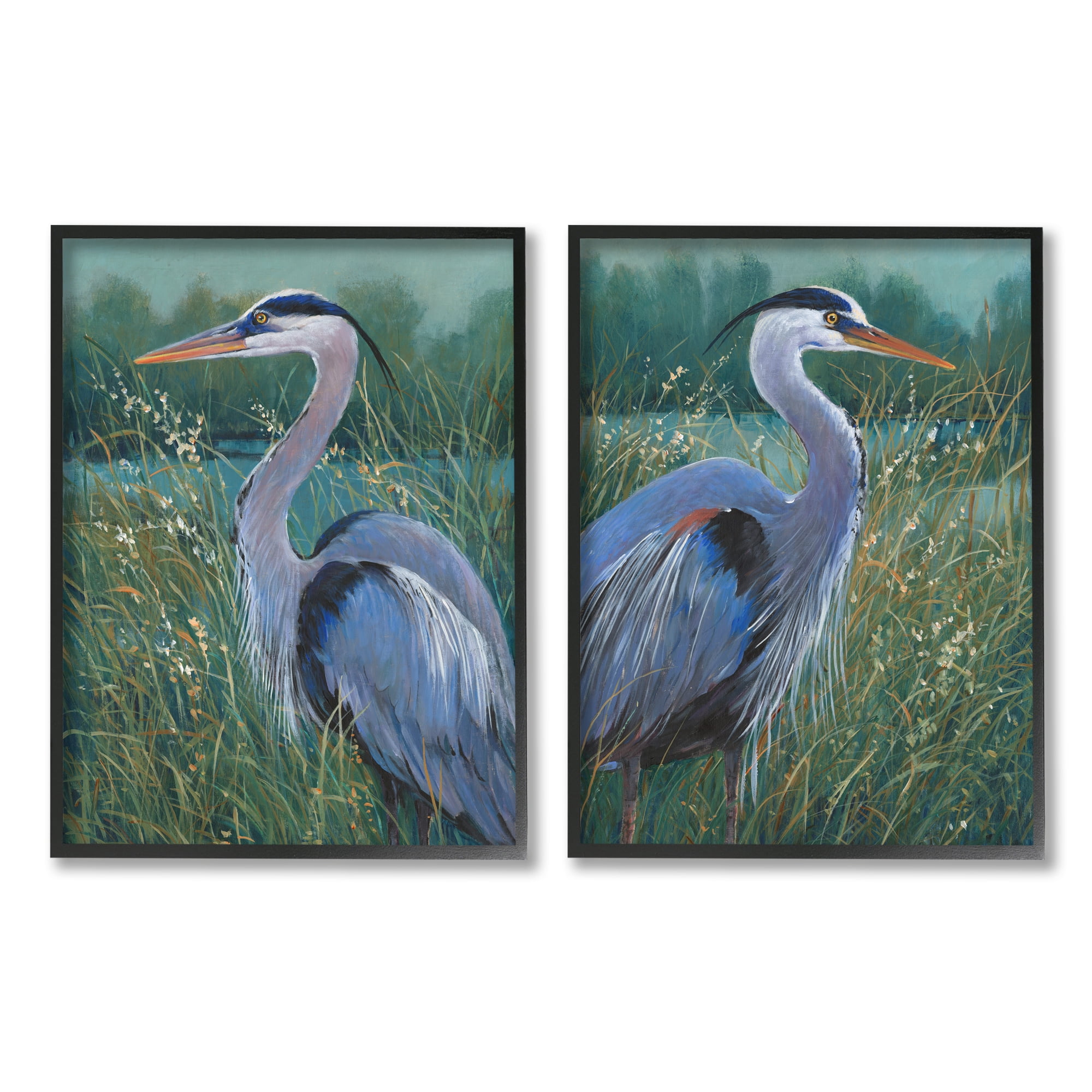 Stupell Industries Herons & Lake Landscape Animals & Insects Painting Black Framed Art Print Wall Art, 11 x 14
