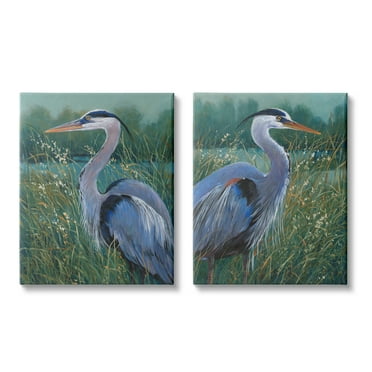 Stupell Industries Herons & Lake Landscape Animals & Insects Painting Gallery Wrapped Canvas Art Print Wall Art, 16 x 20, Set of 2