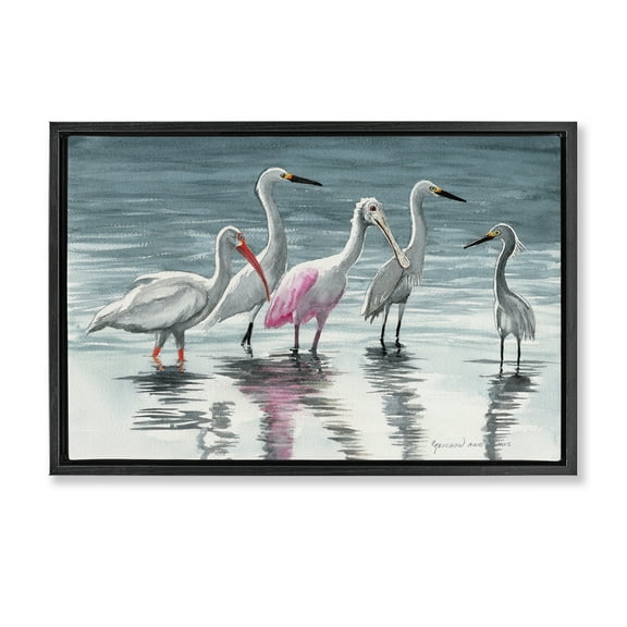 Stupell Industries Herons Stepping in Shore Animals & Insects Painting Black Floater Framed Canvas Art Print Wall Art, 25 x 17