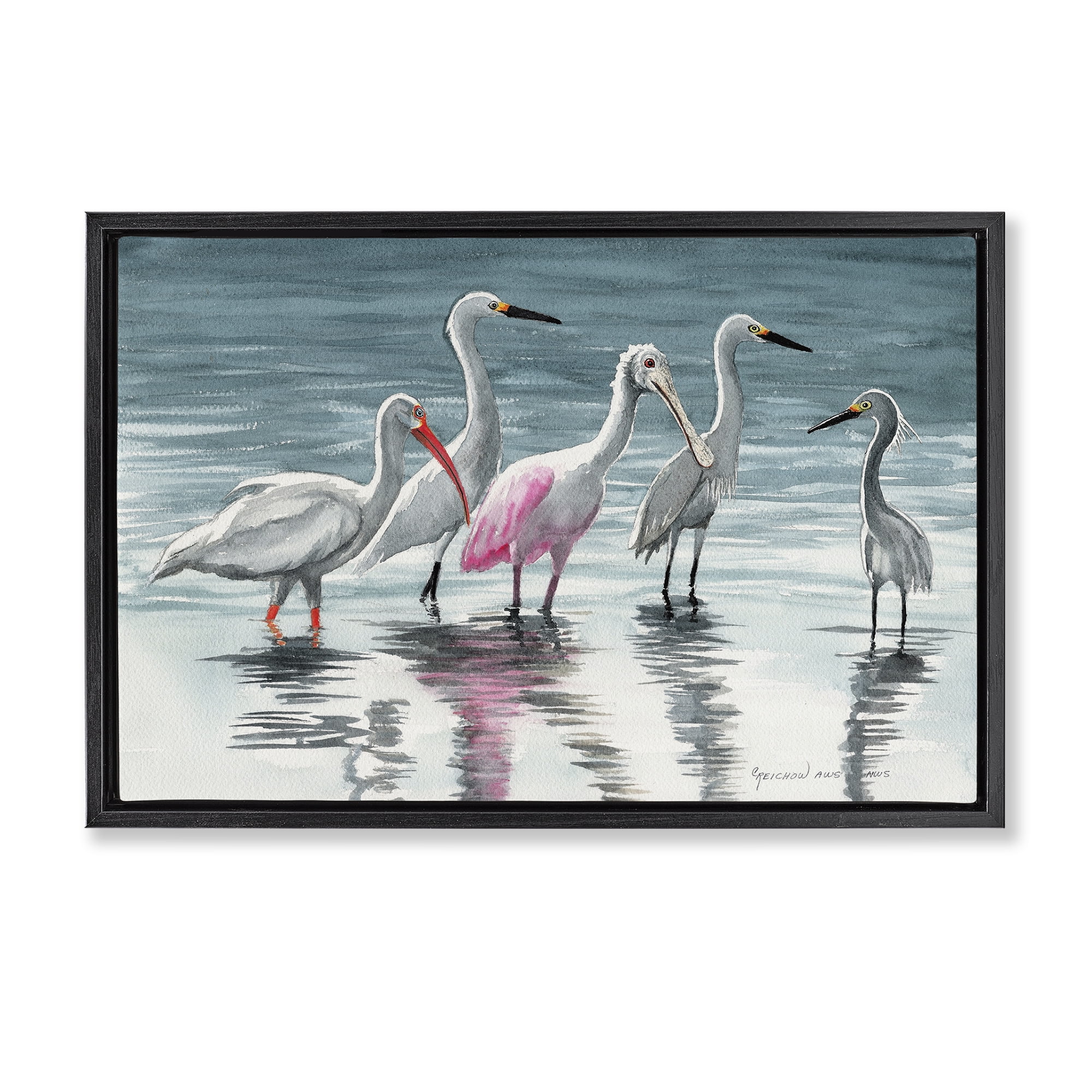 Stupell Industries Herons Stepping in Shore Animals & Insects Painting Black Floater Framed Canvas Art Print Wall Art, 31 x 21