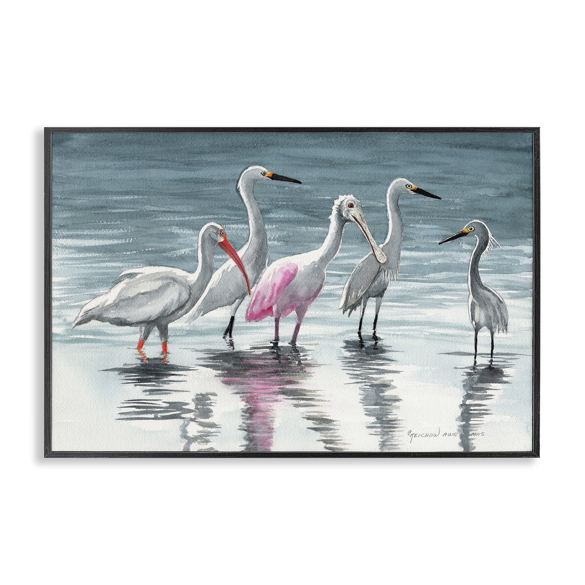 Stupell Industries Herons Stepping in Shore Animals & Insects Painting Black Framed Art Print Wall Art, 18 x 12