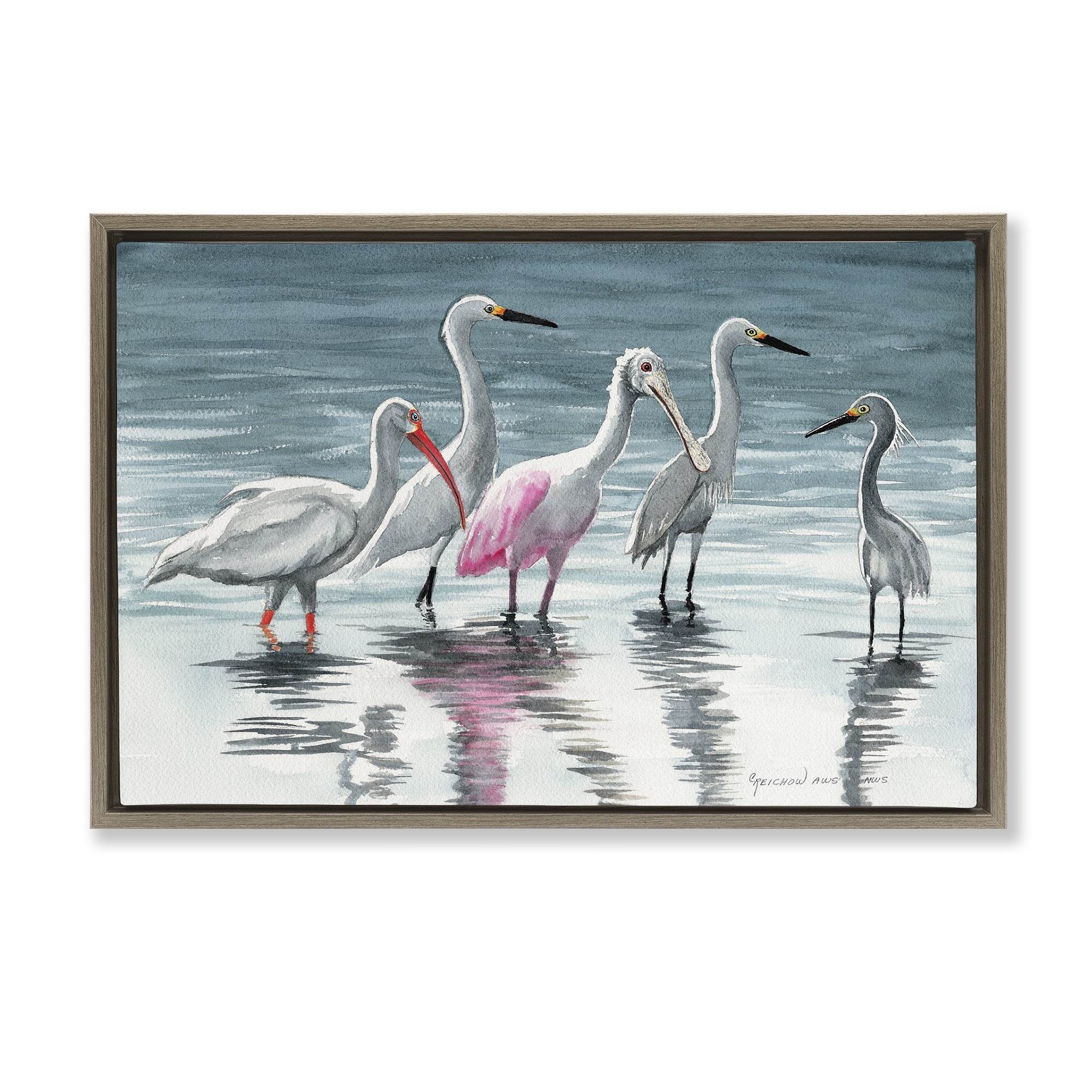 Stupell Industries Herons Stepping in Shore Animals & Insects Painting Brown Floater Framed Canvas Art Print Wall Art, 31 x 21