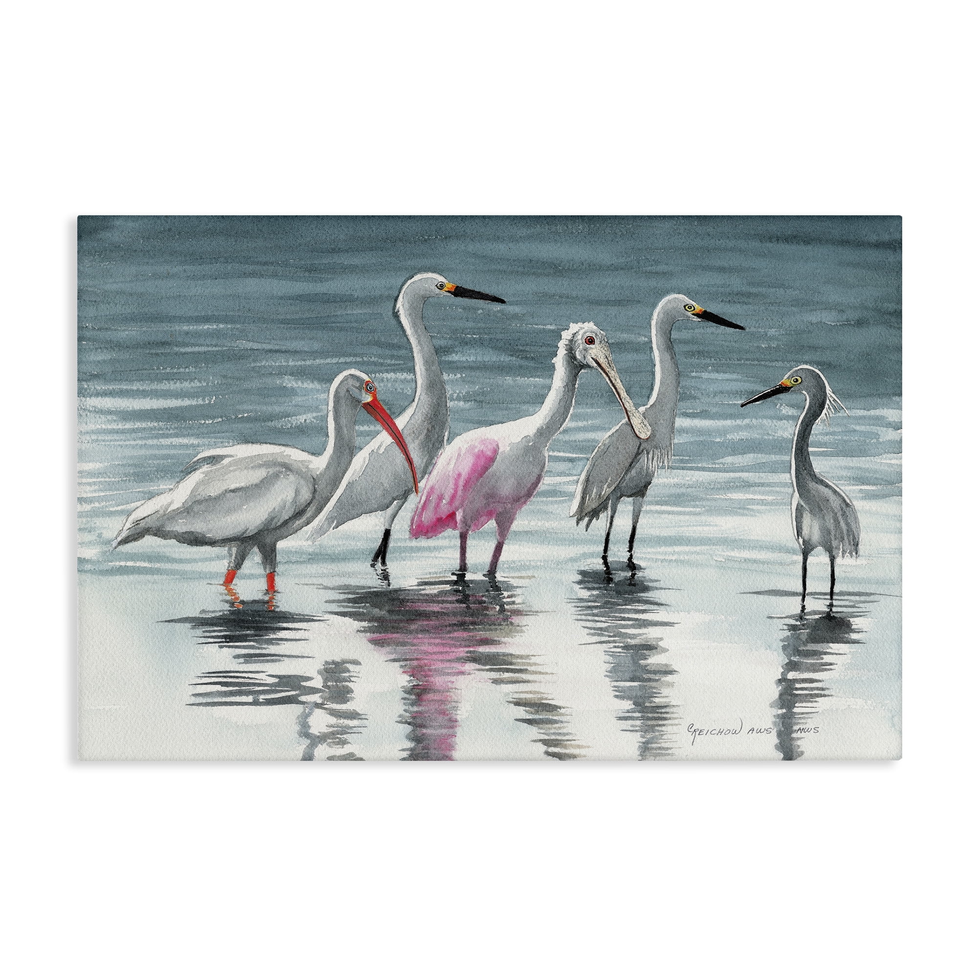 Stupell Industries Herons Stepping in Shore Animals & Insects Painting Gallery Wrapped Canvas Art Print Wall Art, 24 x 16