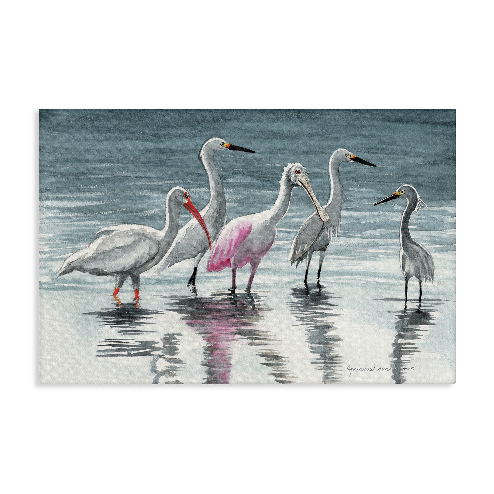 Stupell Industries Herons Stepping in Shore Animals & Insects Painting Gallery Wrapped Canvas Art Print Wall Art, 30 x 20