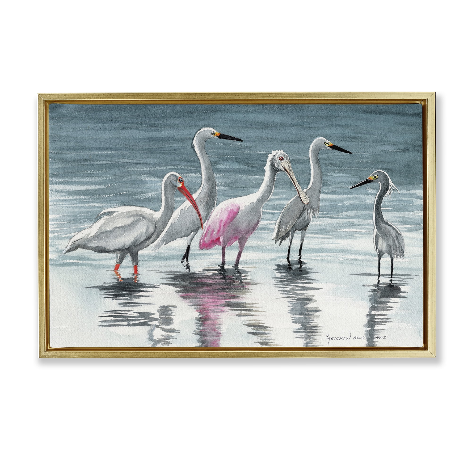 Stupell Industries Herons Stepping in Shore Animals & Insects Painting Gold Floater Framed Canvas Art Print Wall Art, 25 x 17