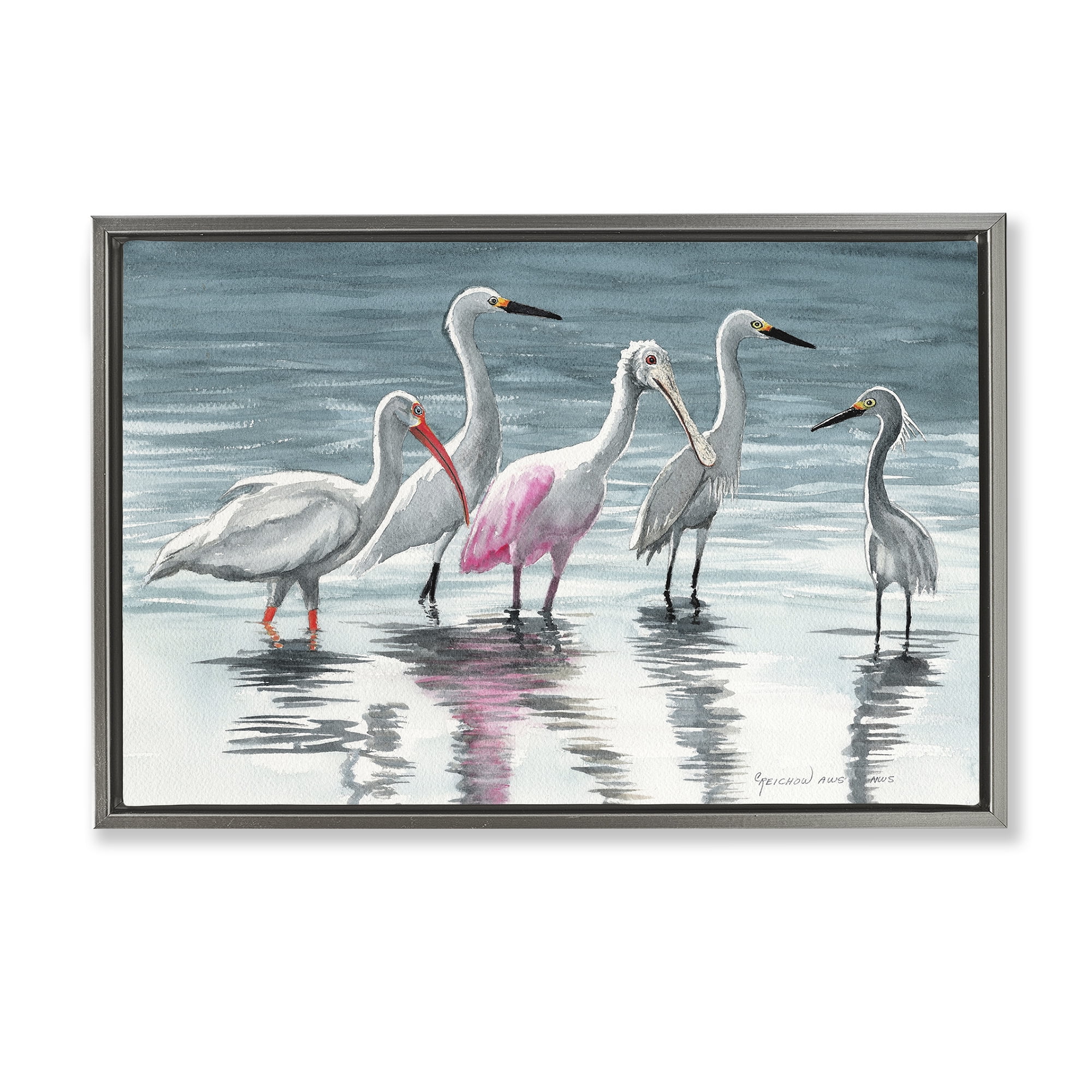 Stupell Industries Herons Stepping in Shore Animals & Insects Painting Gray Floater Framed Canvas Art Print Wall Art, 31 x 21