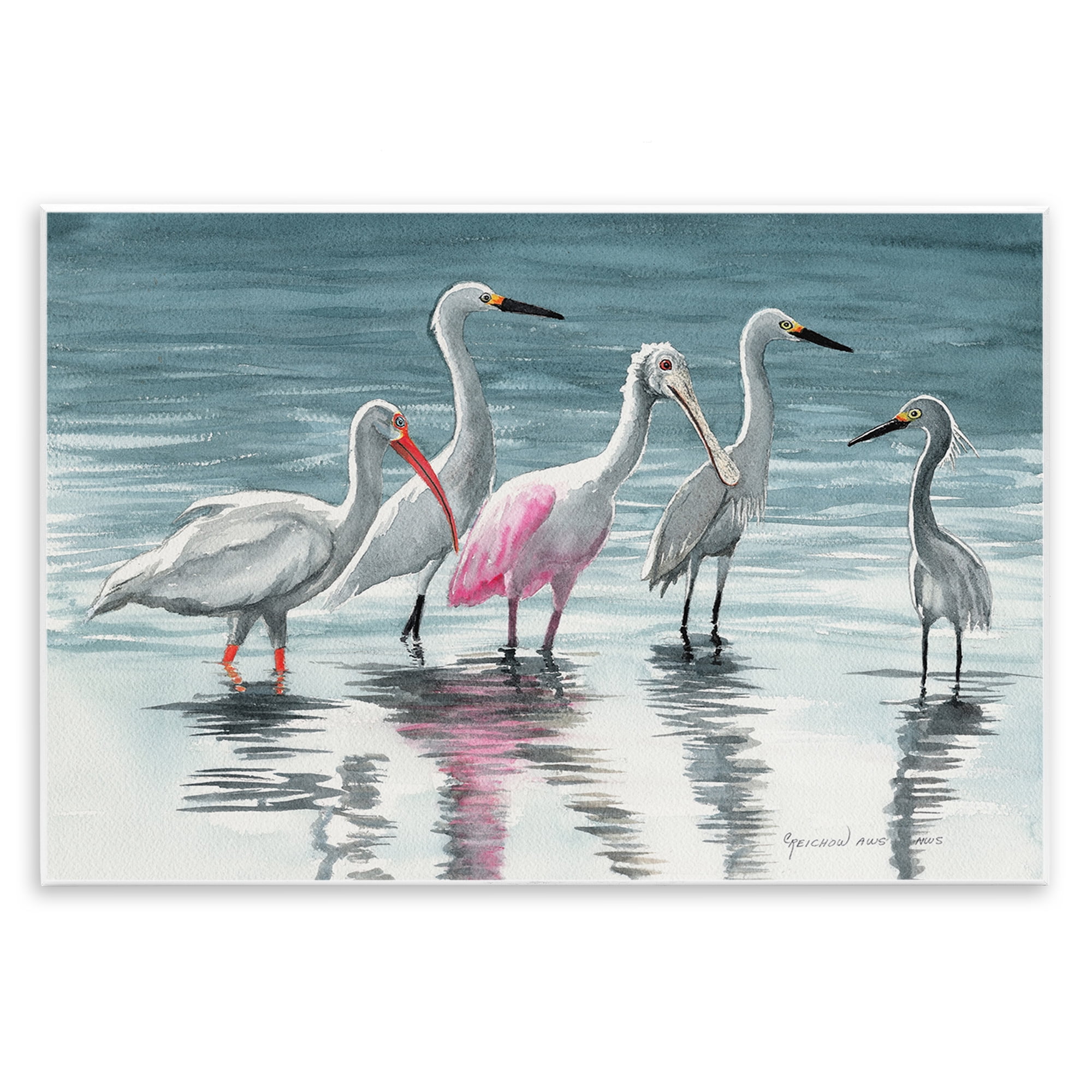 Stupell Industries Herons Stepping in Shore Animals & Insects Painting Unframed Art Print Wall Art, 15 x 10