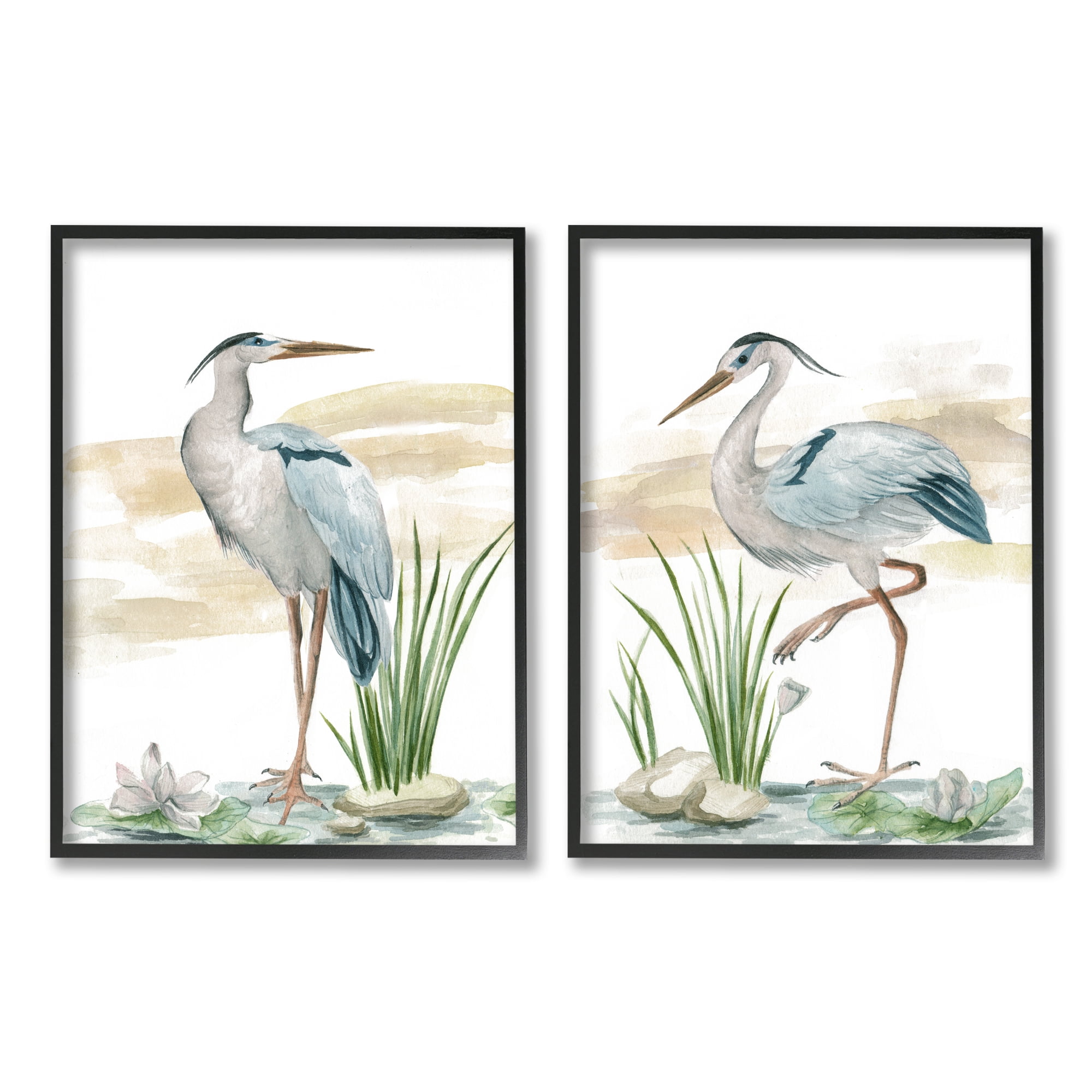 Stupell Industries Herons on Marsh Shore Animals & Insects Painting Black Framed Art Print Wall Art, 11 x 14, Set of 2