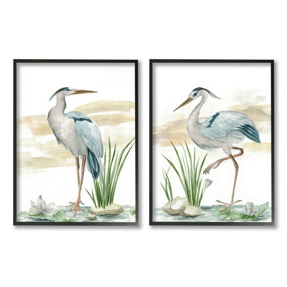 Stupell Industries Herons on Marsh Shore Animals & Insects Painting Black Framed Art Print Wall Art, 24 x 30, Set of 2
