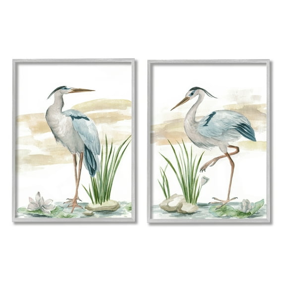 Stupell Industries Herons on Marsh Shore Animals & Insects Painting Gray Framed Art Print Wall Art, 11 x 14, Set of 2