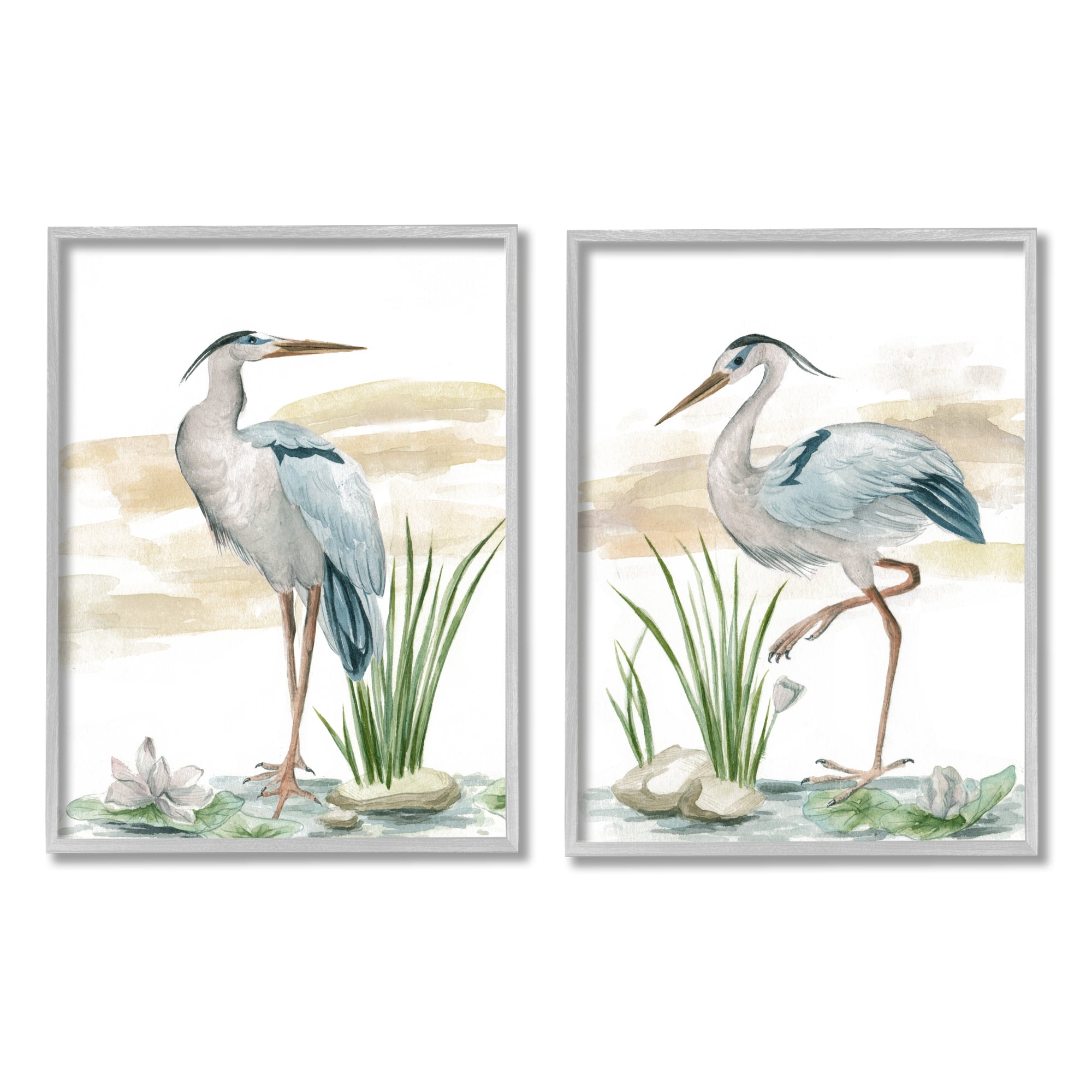 Stupell Industries Herons on Marsh Shore Animals & Insects Painting Gray Framed Art Print Wall Art, 24 x 30, Set of 2