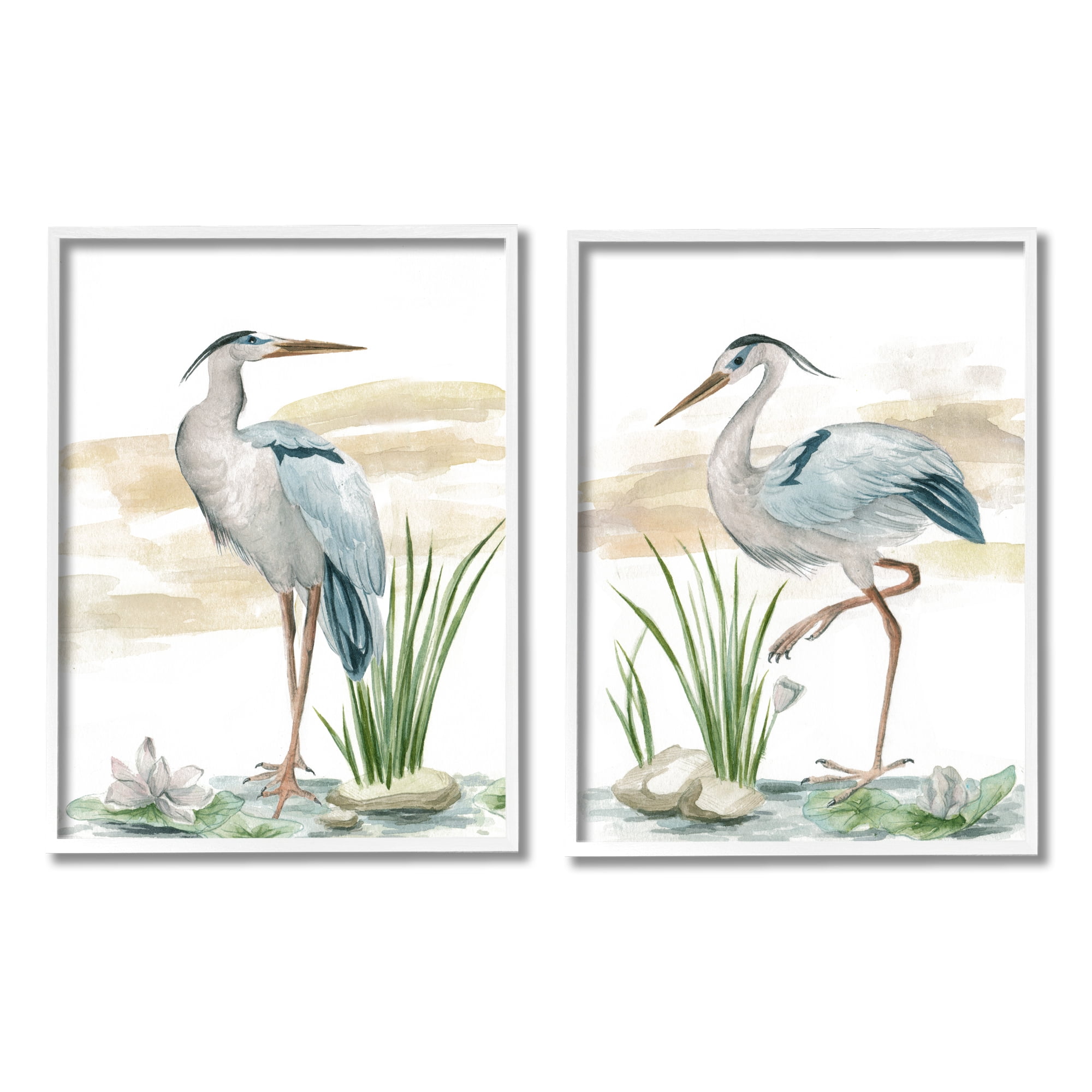 Stupell Industries Herons on Marsh Shore Animals & Insects Painting White Framed Art Print Wall Art, 24 x 30, Set of 2