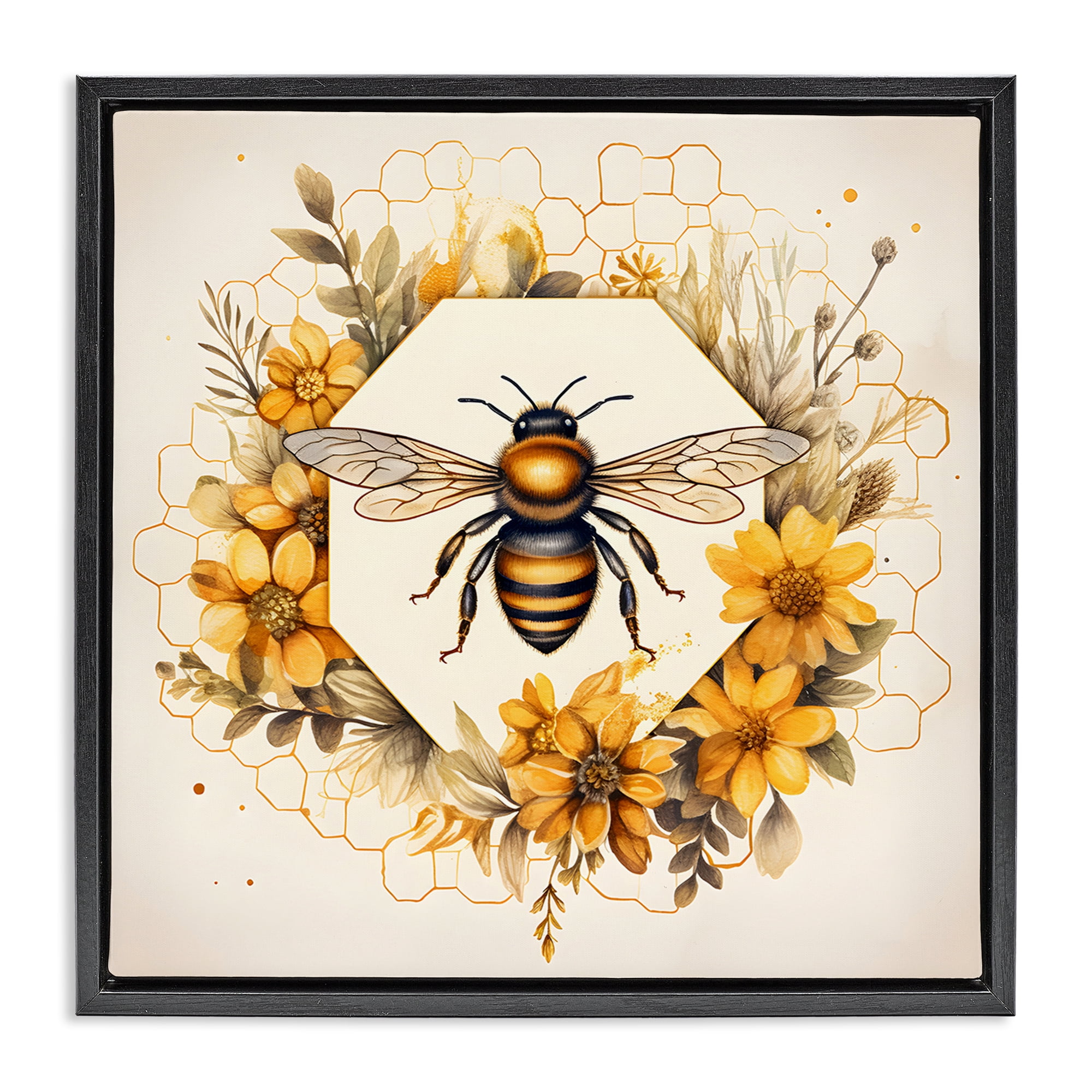 Stupell Industries Hexagon Bee Wreath Animals & Insects Painting Black Floater Framed Canvas Art Print Wall Art, 25 x 25