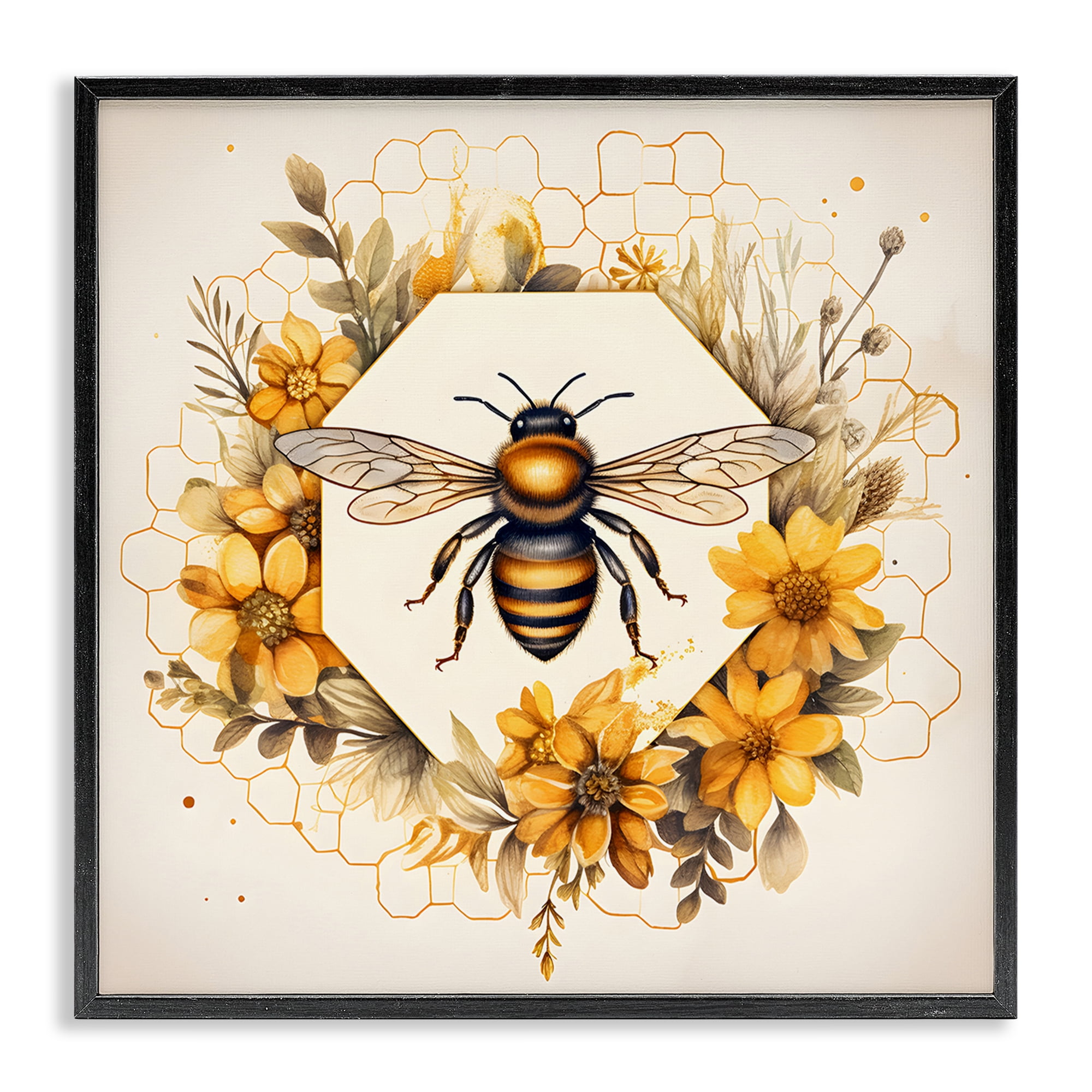 Stupell Industries Hexagon Bee Wreath Animals & Insects Painting Black Framed Art Print Wall Art, 24 x 24