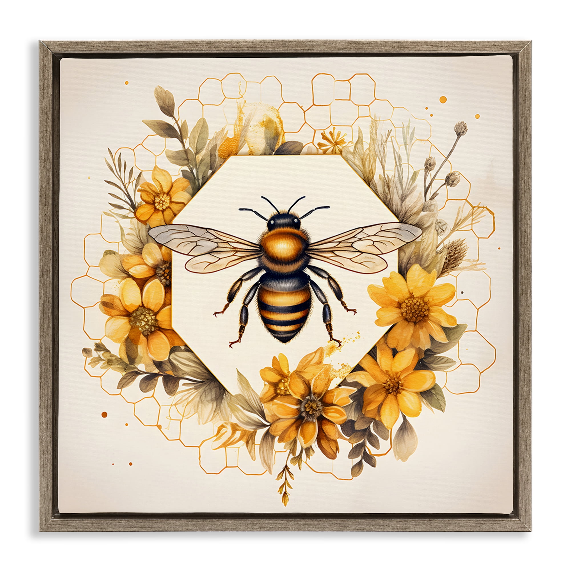 Stupell Industries Hexagon Bee Wreath Animals & Insects Painting Brown Floater Framed Canvas Art Print Wall Art, 18 x 18