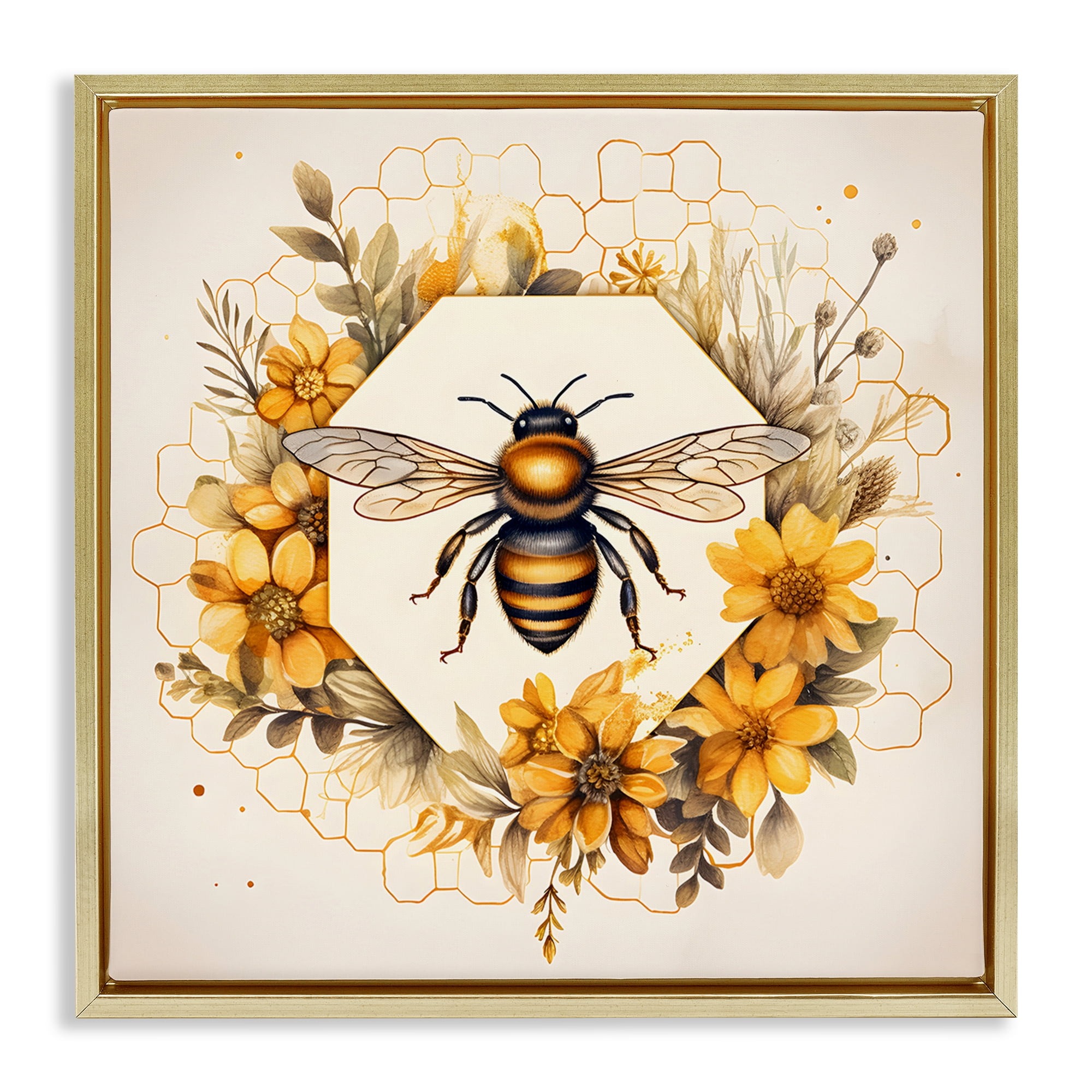 Stupell Industries Hexagon Bee Wreath Animals & Insects Painting Gold Floater Framed Canvas Art Print Wall Art, 18 x 18