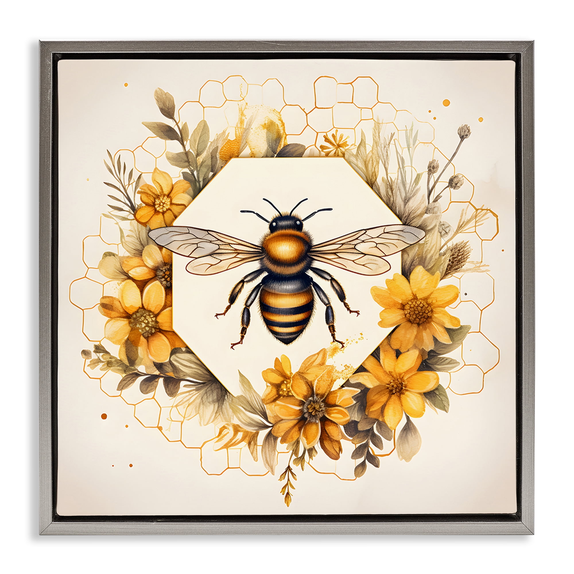 Stupell Industries Hexagon Bee Wreath Animals & Insects Painting Gray Floater Framed Canvas Art Print Wall Art, 18 x 18
