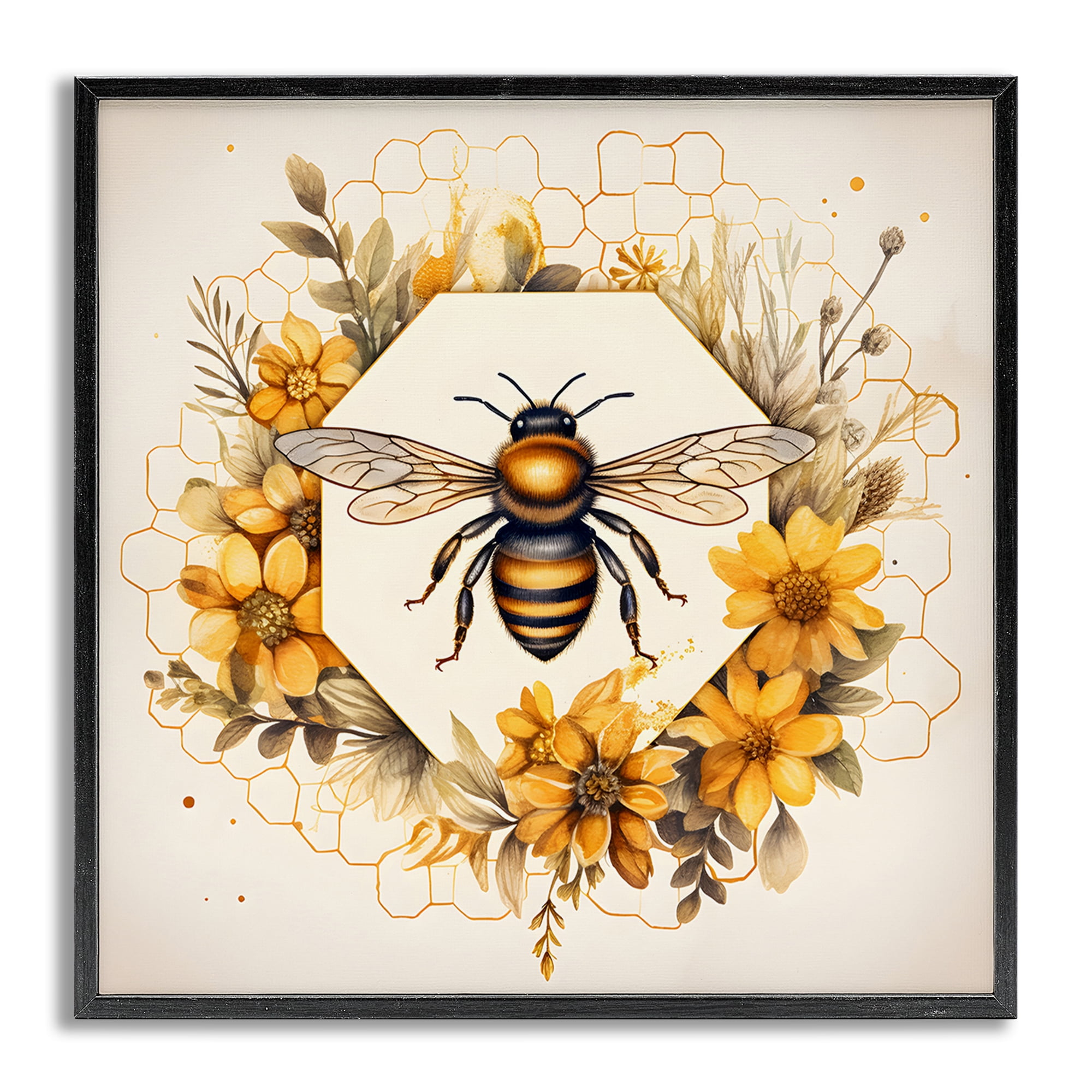 Stupell Industries Hexagon Bee Wreath Animals & Insects Painting Gray Framed Art Print Wall Art, 17 x 17