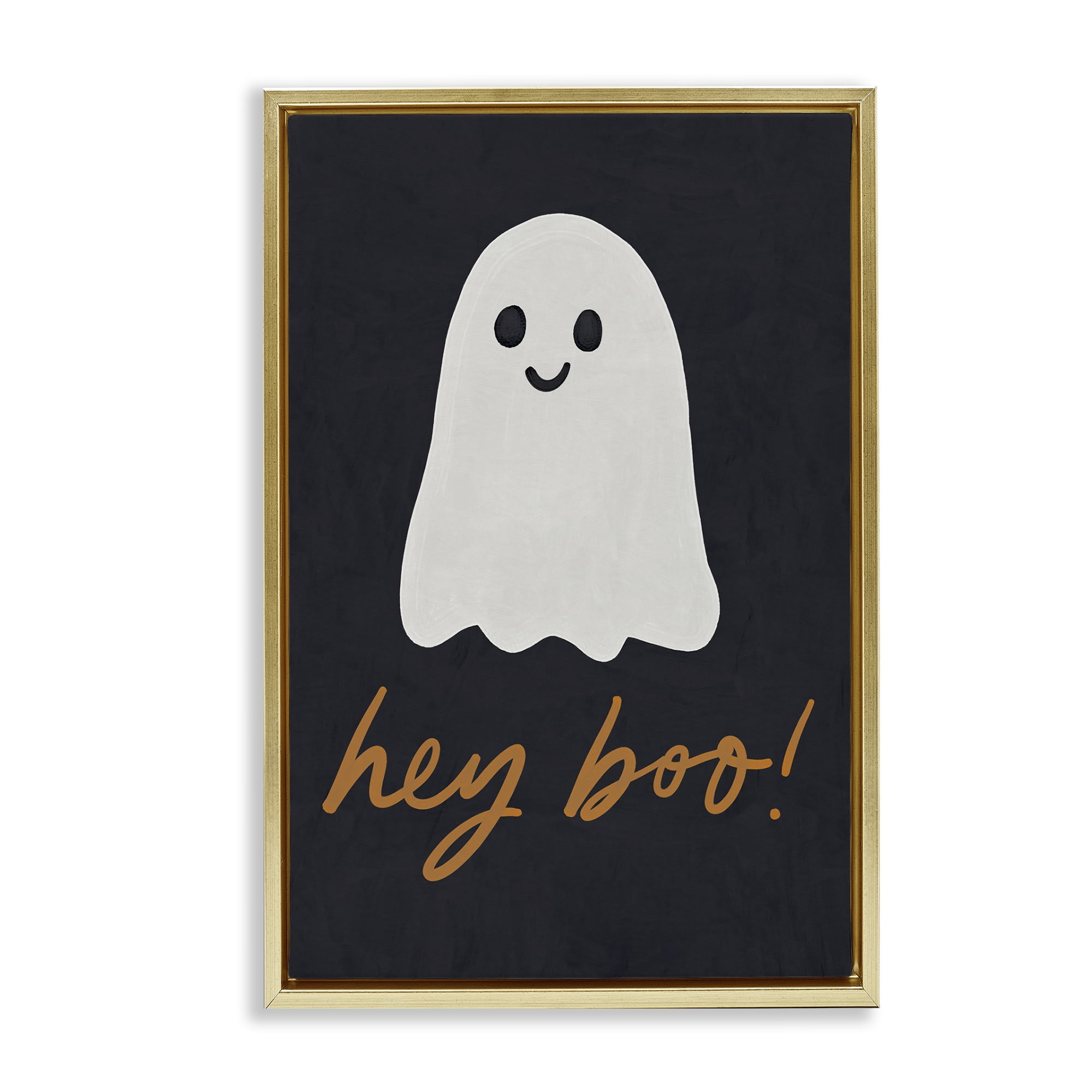 Stupell Industries Hey Boo Spooky Ghost Holiday Painting Gold Floater Framed Canvas Art Print Wall Art, 21 x 31