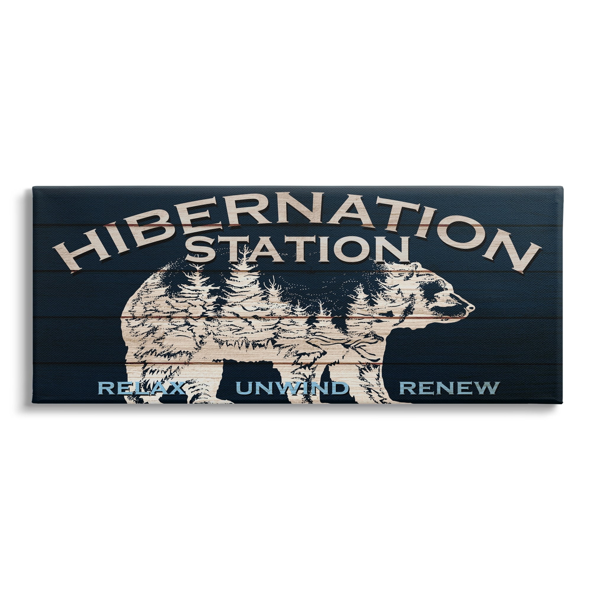 Stupell Industries Hibernation Station Sign Wilderness Bear Trees Silhouette Canvas Wall Art, 48 x 20, Design by Kim Allen