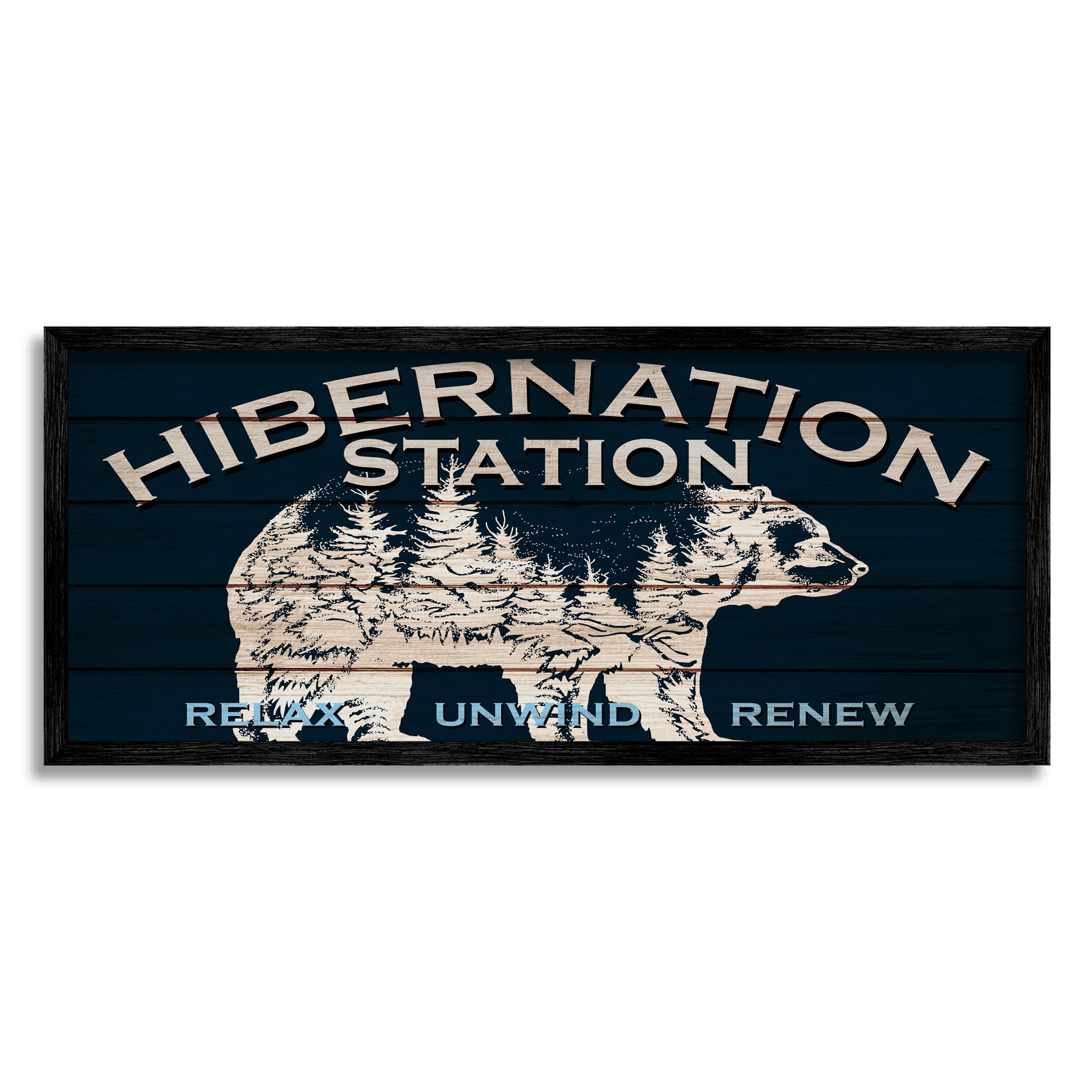 Stupell Industries Hibernation Station Sign Wilderness Bear Trees Silhouette Framed Wall Art, 30 x 13, Design by Kim Allen