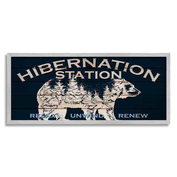 Stupell Industries Hibernation Station Sign Wilderness Bear Trees Silhouette Framed Wall Art, 30 x 13, Design by Kim Allen