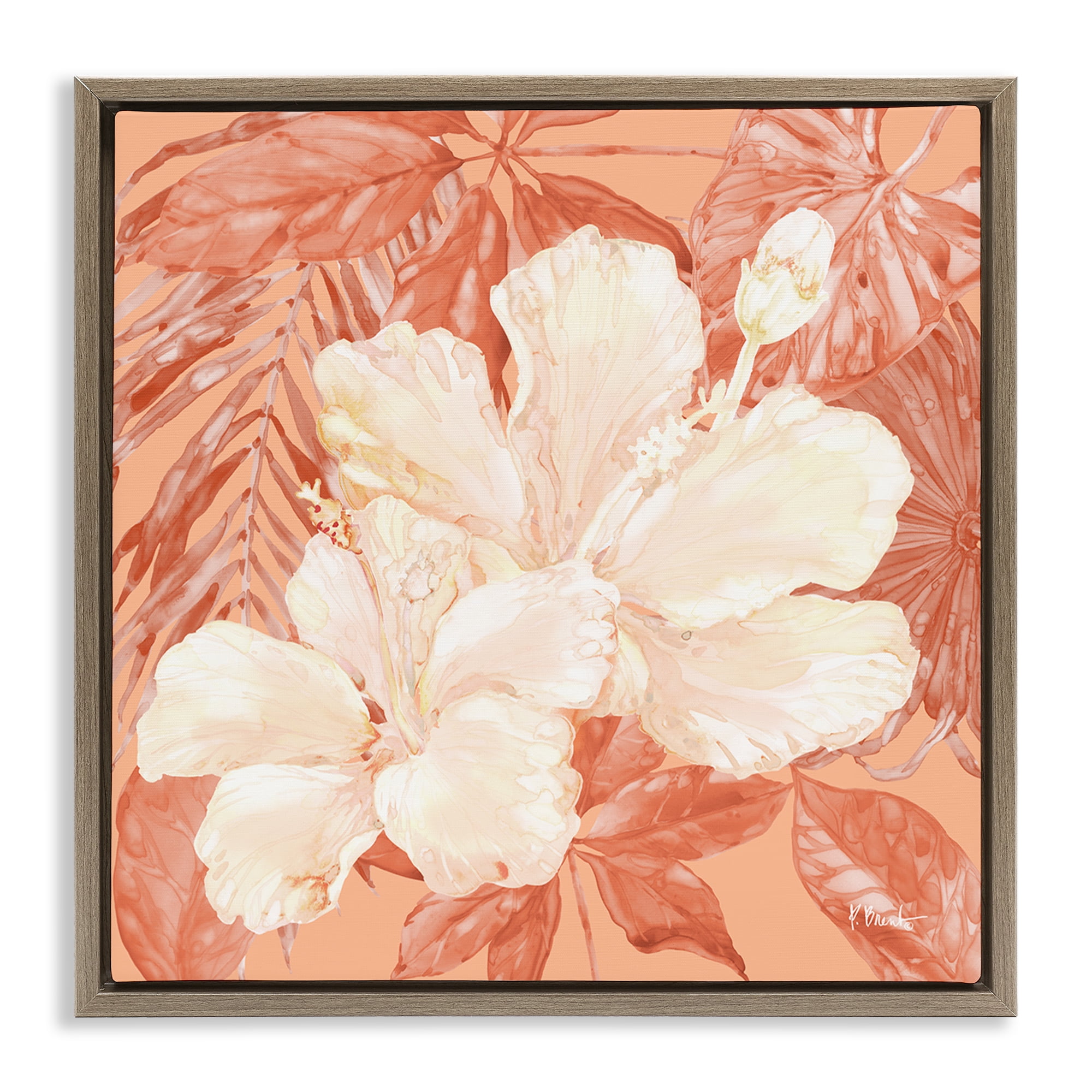 Stupell Industries Hibiscus Flower Bunches Plants & Flowers Painting Brown Floater Framed Canvas Art Print Wall Art, 18 x 18