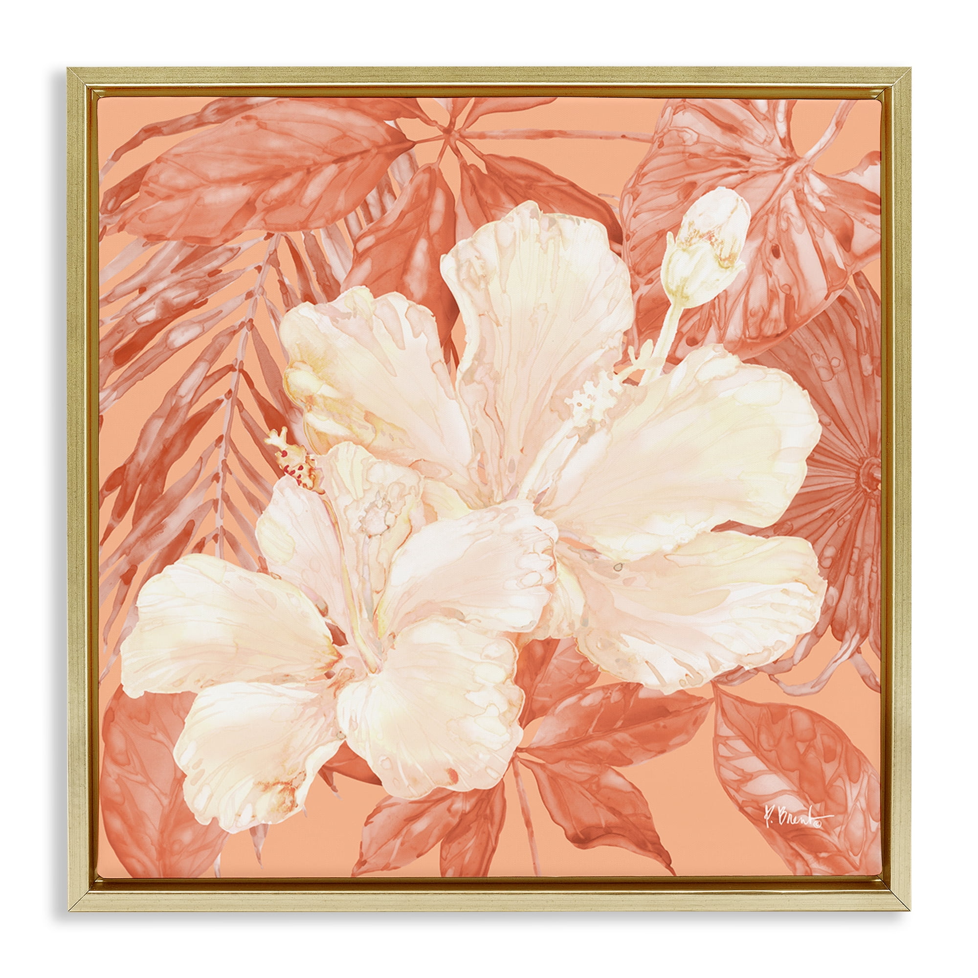 Stupell Industries Hibiscus Flower Bunches Plants & Flowers Painting Gold Floater Framed Canvas Art Print Wall Art, 25 x 25