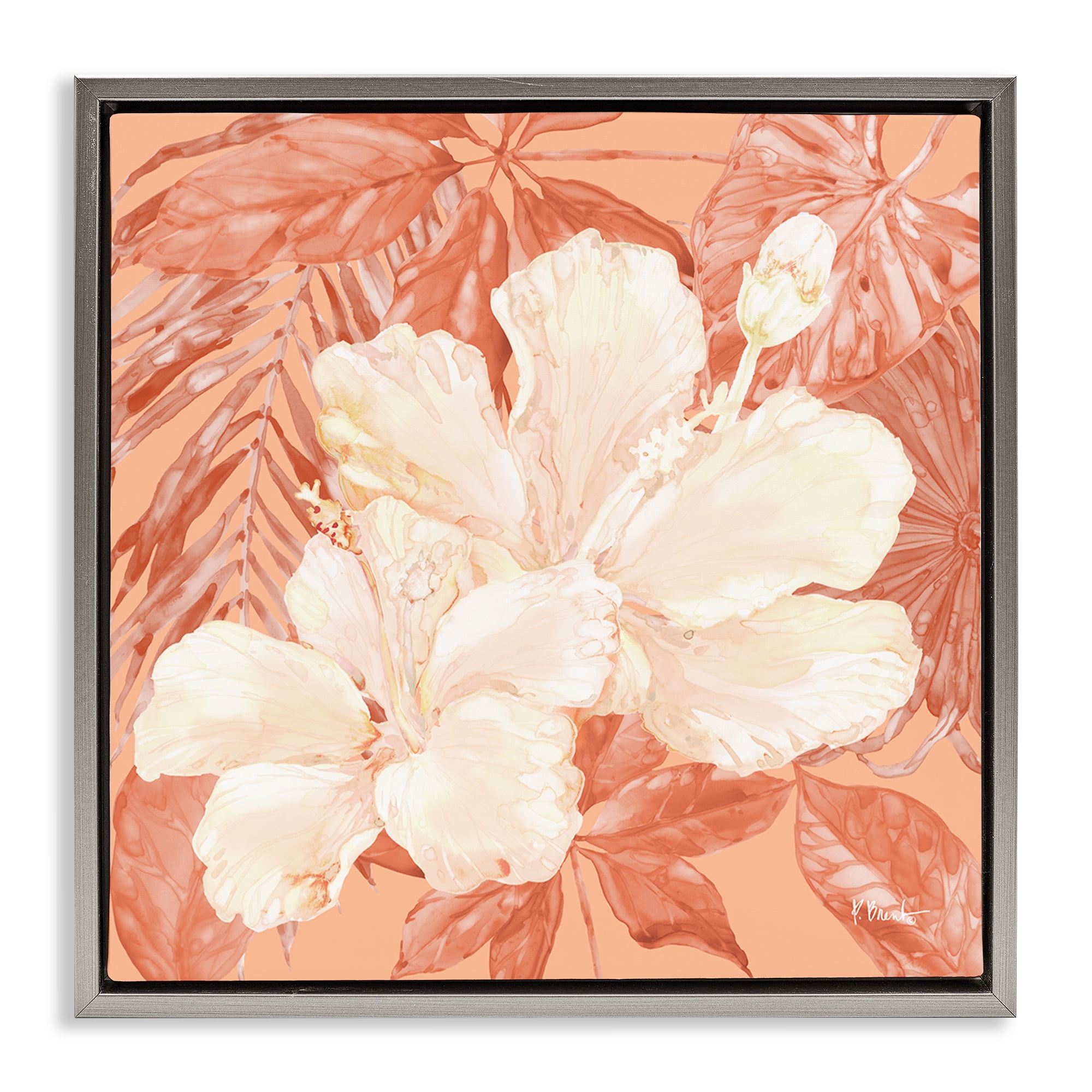 Stupell Industries Hibiscus Flower Bunches Plants & Flowers Painting Gray Floater Framed Canvas Art Print Wall Art, 18 x 18