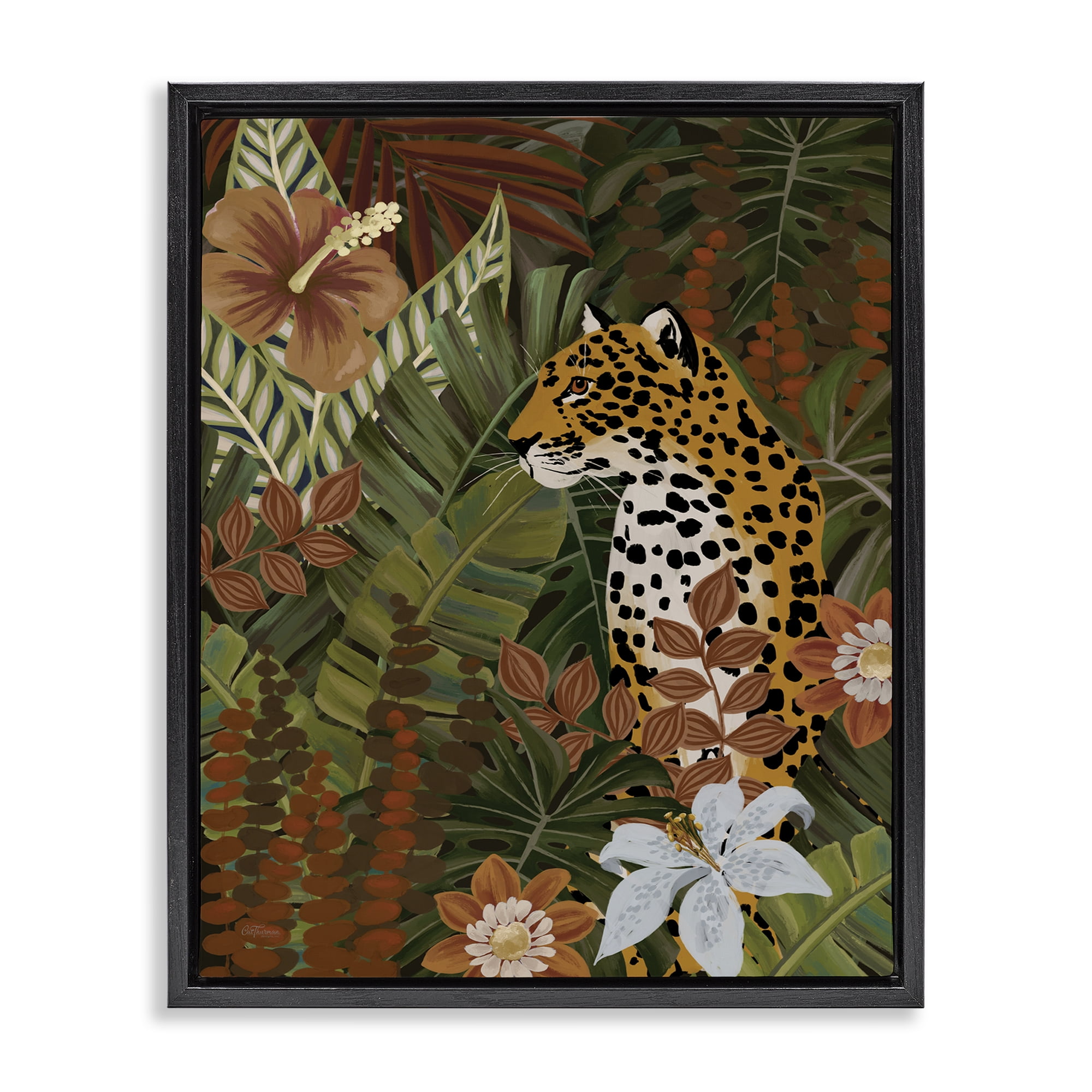 Stupell Industries Hibiscus Jungle Leopard Animals Painting Black Floater Framed Canvas Art Print Wall Art, 25 x 31