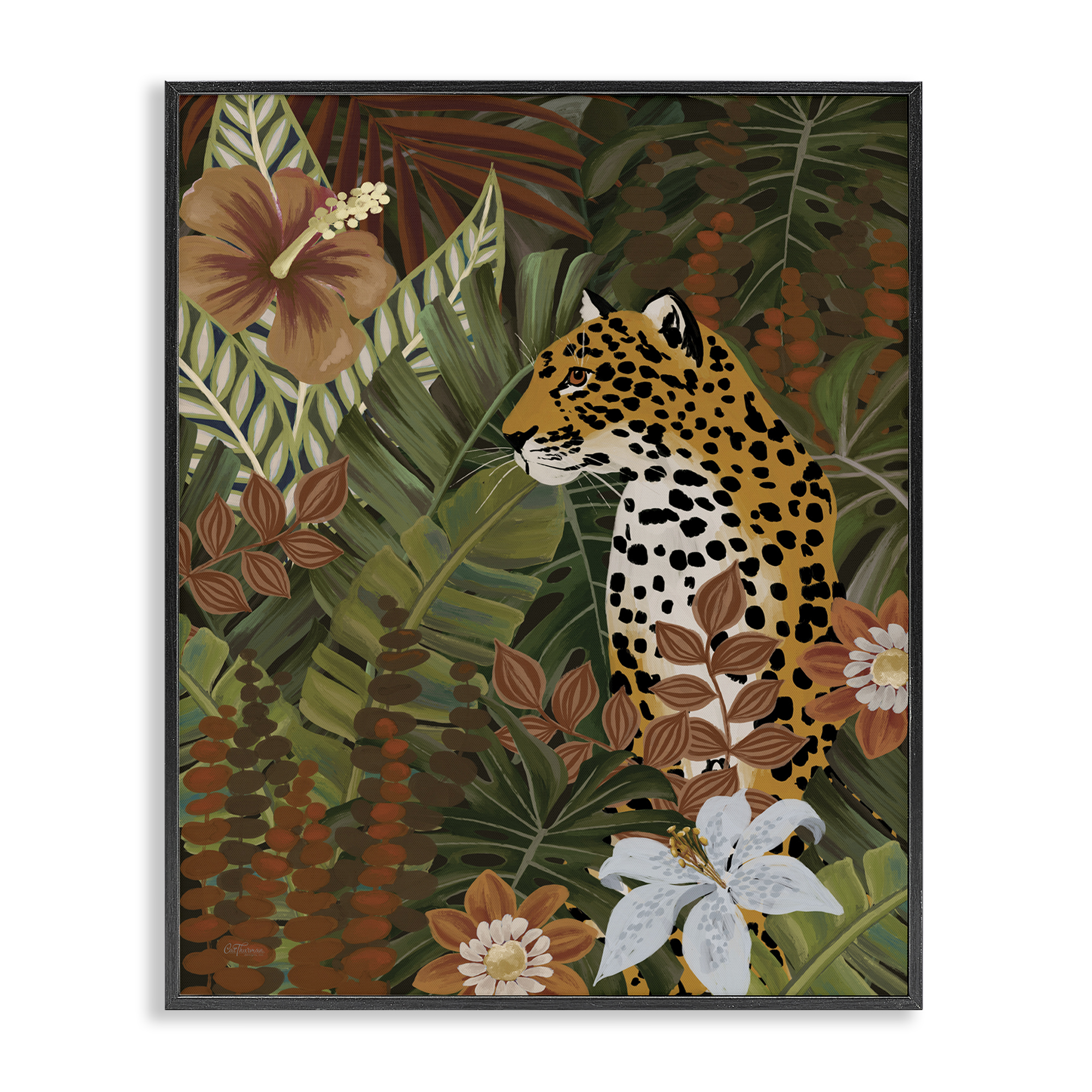 Stupell Industries Hibiscus Jungle Leopard Animals Painting Black Framed Art Print Wall Art, 11 x 14