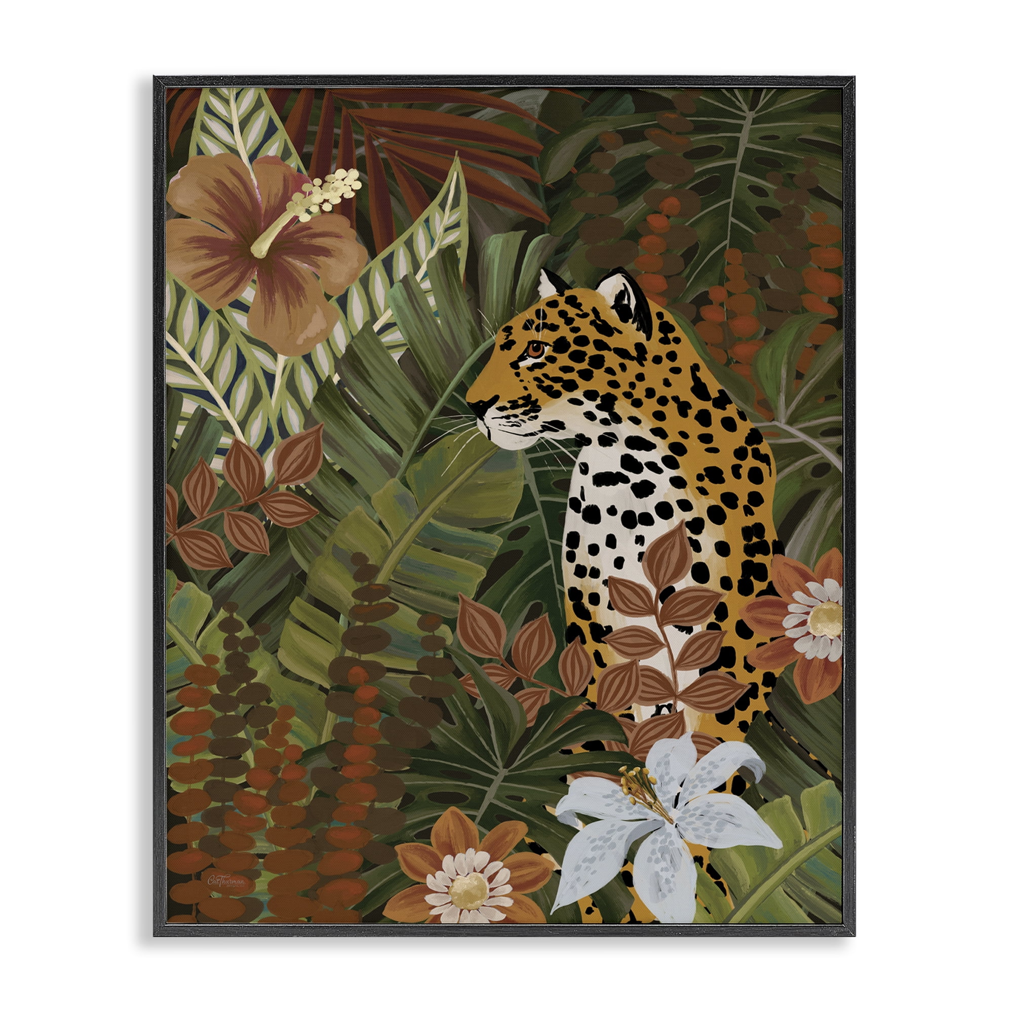 Stupell Industries Hibiscus Jungle Leopard Animals Painting Black Framed Art Print Wall Art, 24 x 30