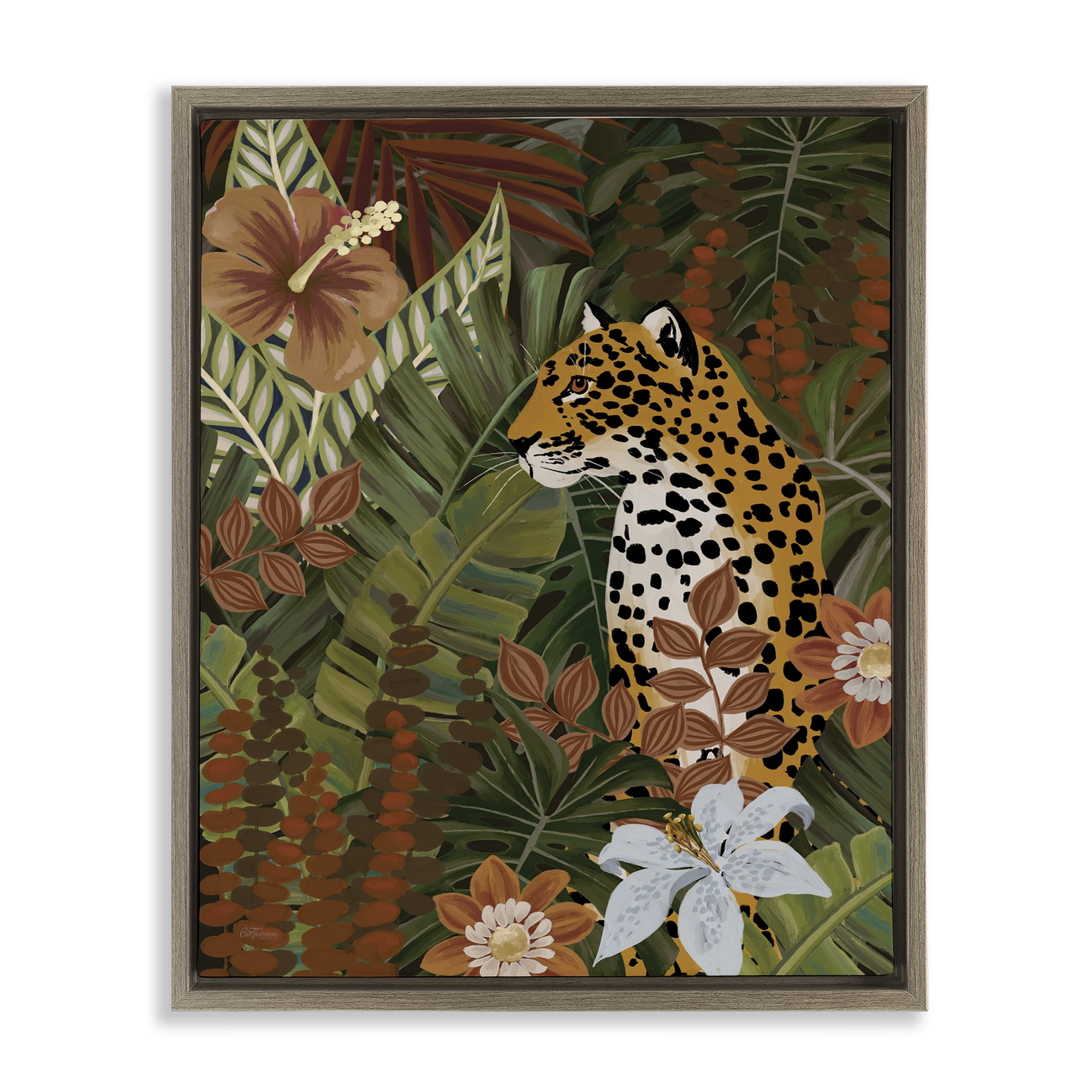Stupell Industries Hibiscus Jungle Leopard Animals Painting Brown Floater Framed Canvas Art Print Wall Art, 25 x 31