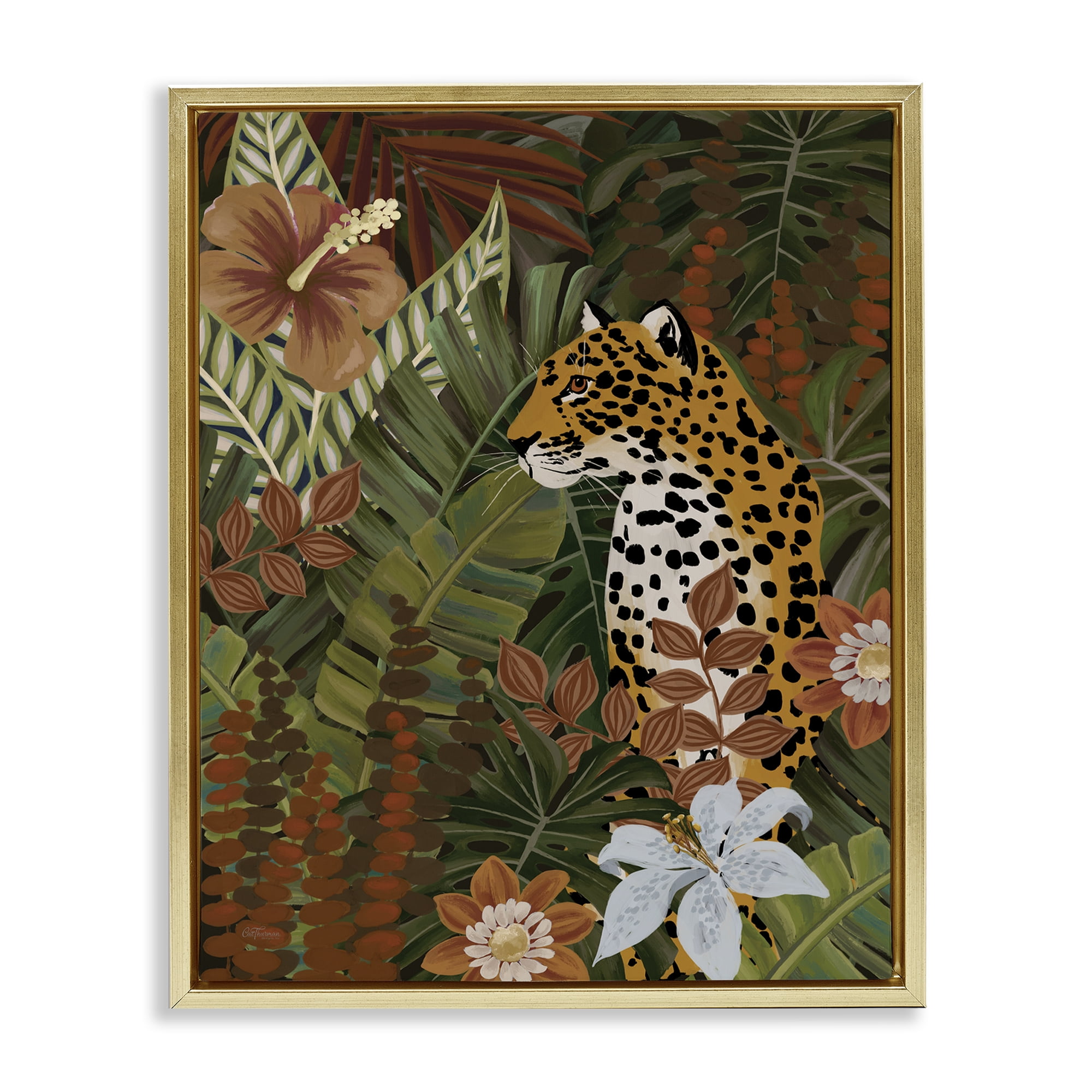 Stupell Industries Hibiscus Jungle Leopard Animals Painting Gold Floater Framed Canvas Art Print Wall Art, 25 x 31