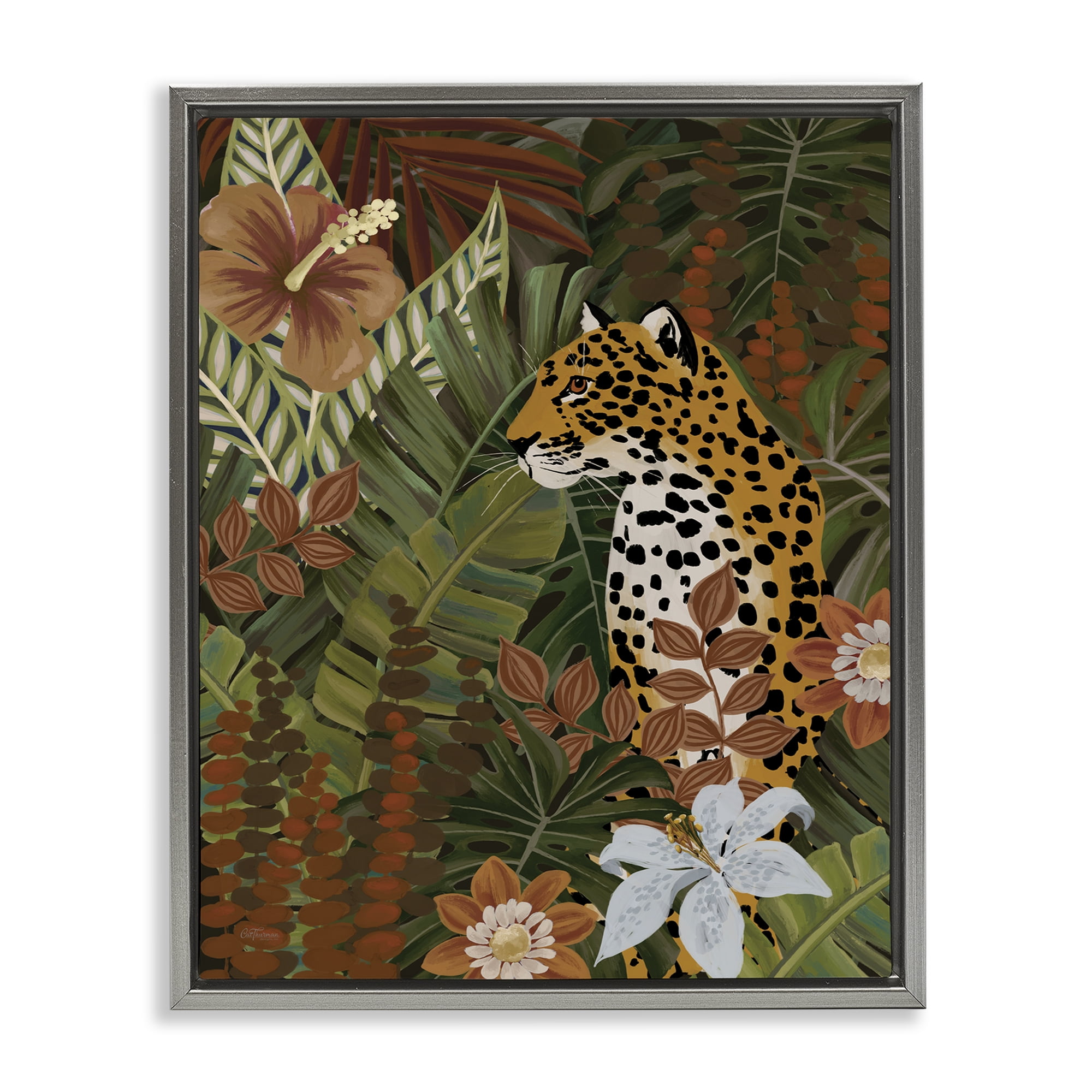 Stupell Industries Hibiscus Jungle Leopard Animals Painting Gray Floater Framed Canvas Art Print Wall Art, 17 x 21