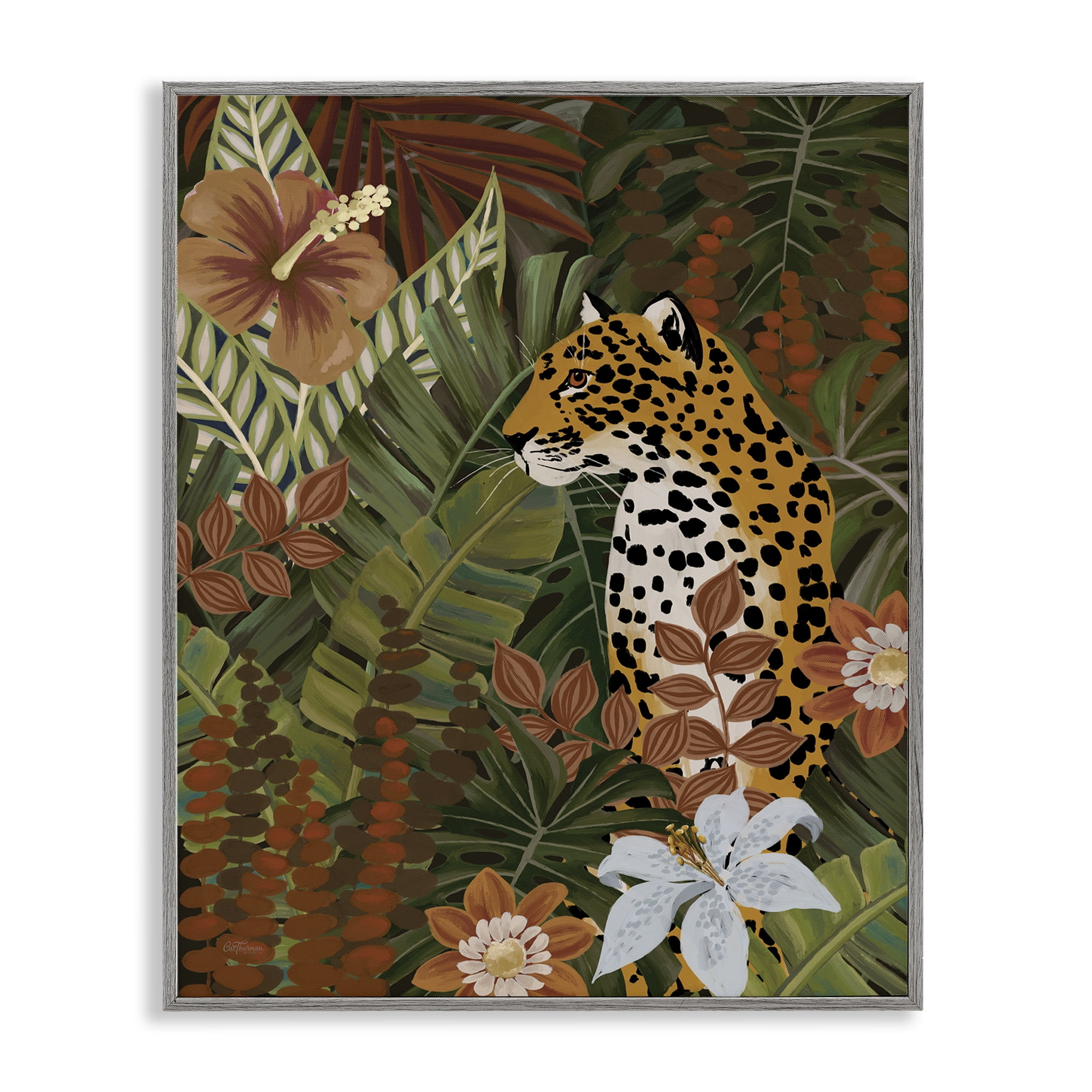 Stupell Industries Hibiscus Jungle Leopard Animals Painting Gray Framed Art Print Wall Art, 24 x 30