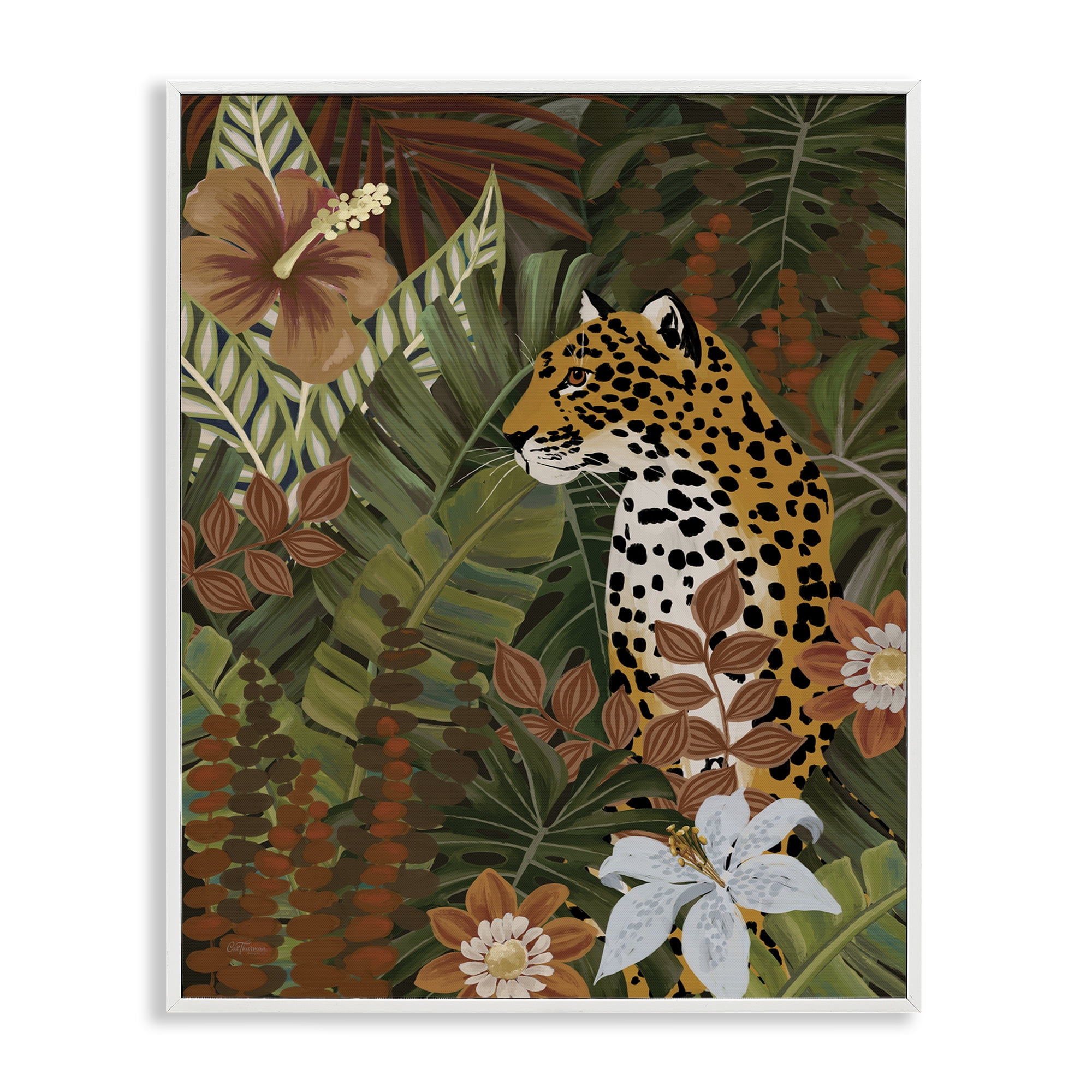 Stupell Industries Hibiscus Jungle Leopard Animals Painting White Framed Art Print Wall Art, 11 x 14
