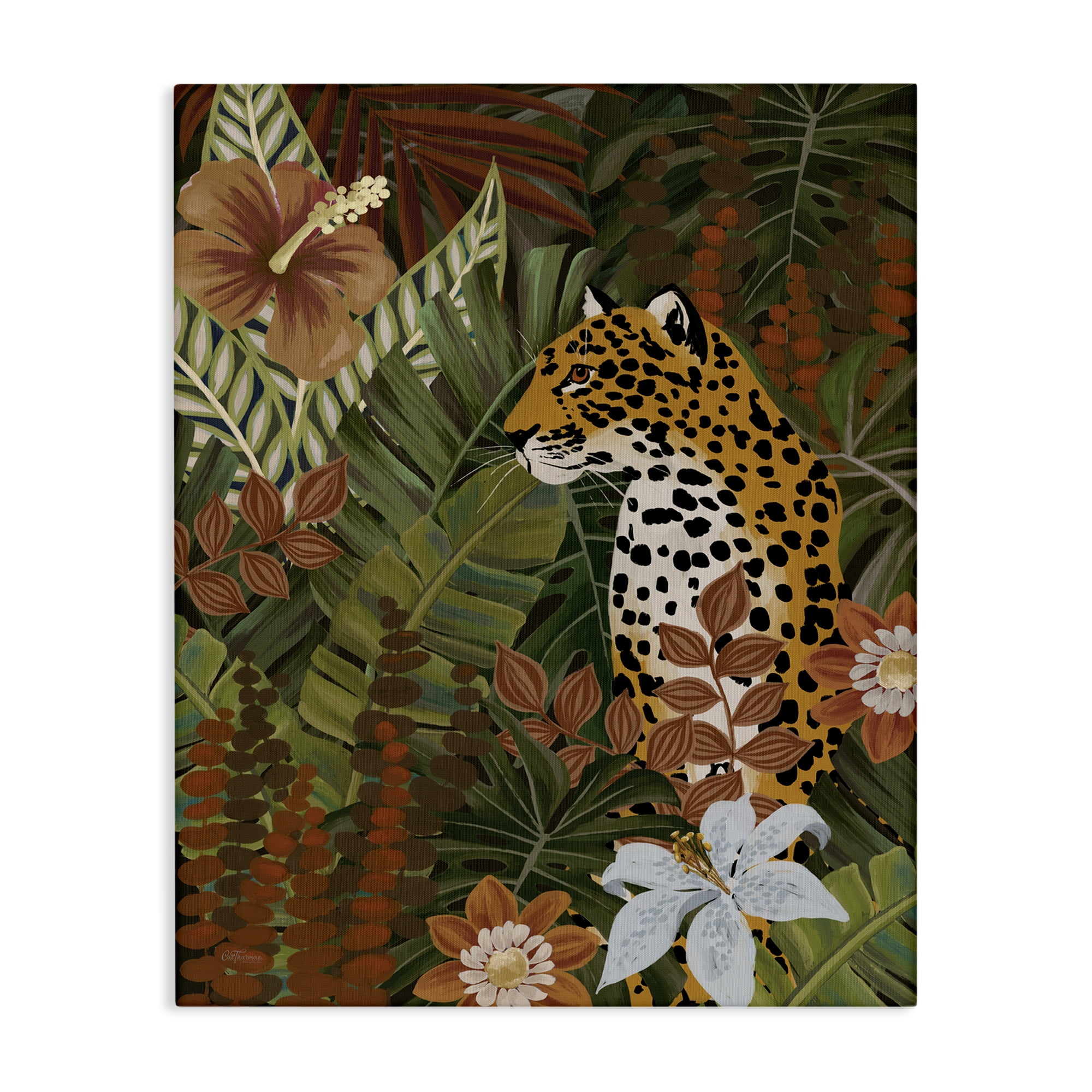 Stupell Industries Hibiscus Jungle Leopard Animals Painting Wrapped Canvas Art Print Wall Art, 36 x 48