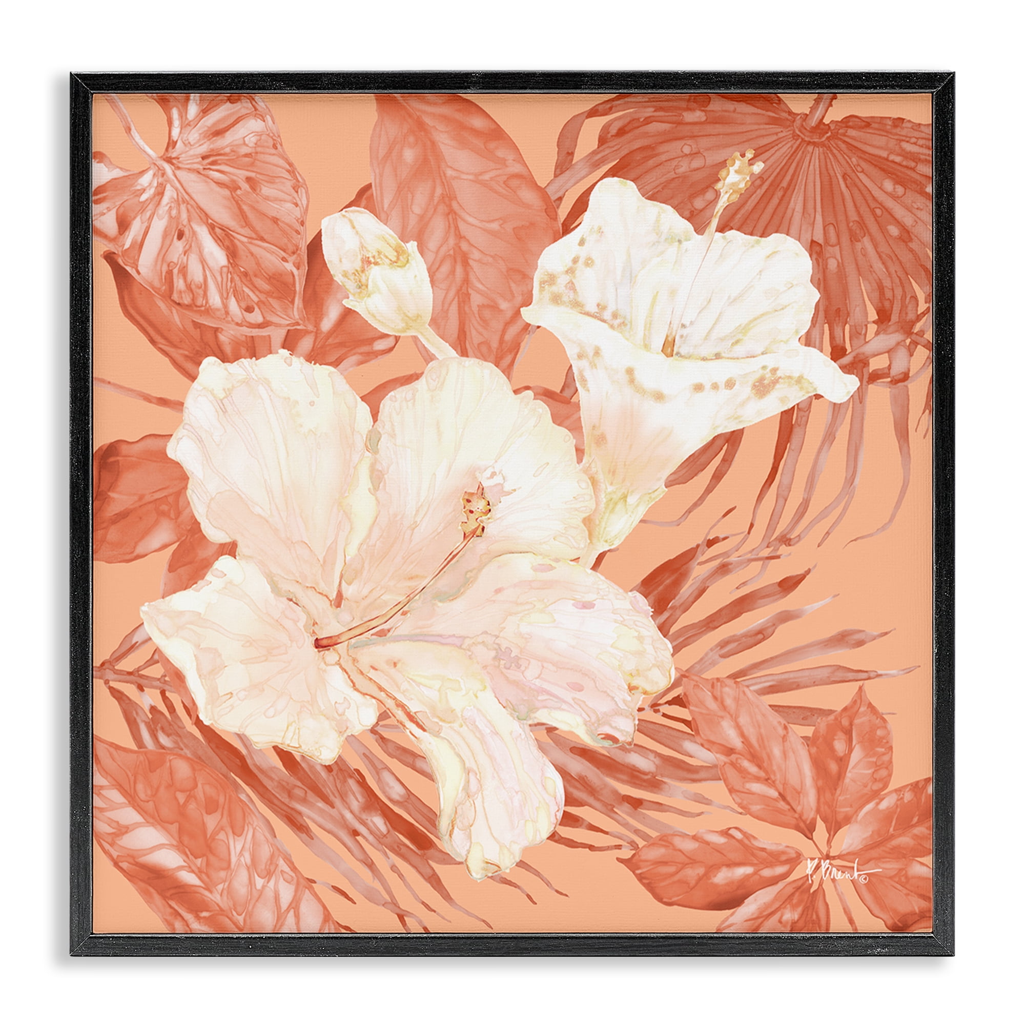 Stupell Industries Hibiscus & Leaf Bunch Plants & Flowers Painting Black Framed Art Print Wall Art, 17 x 17