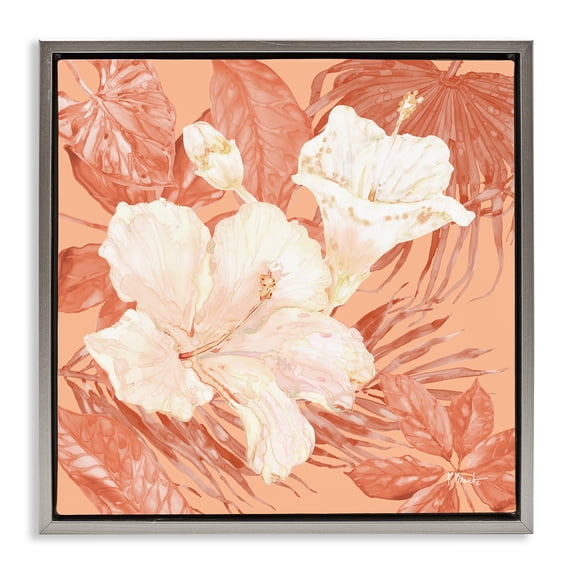 Stupell Industries Contemporary Hibiscus & Leaf Bunch Gray Floating Frame Canvas Art, 25 x 25, by Paul Brent