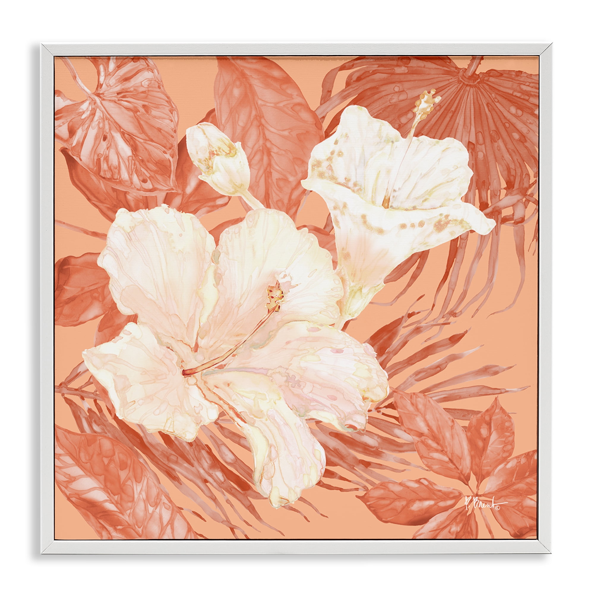 Stupell Industries Hibiscus & Leaf Bunch Plants & Flowers Painting White Framed Art Print Wall Art, 17 x 17