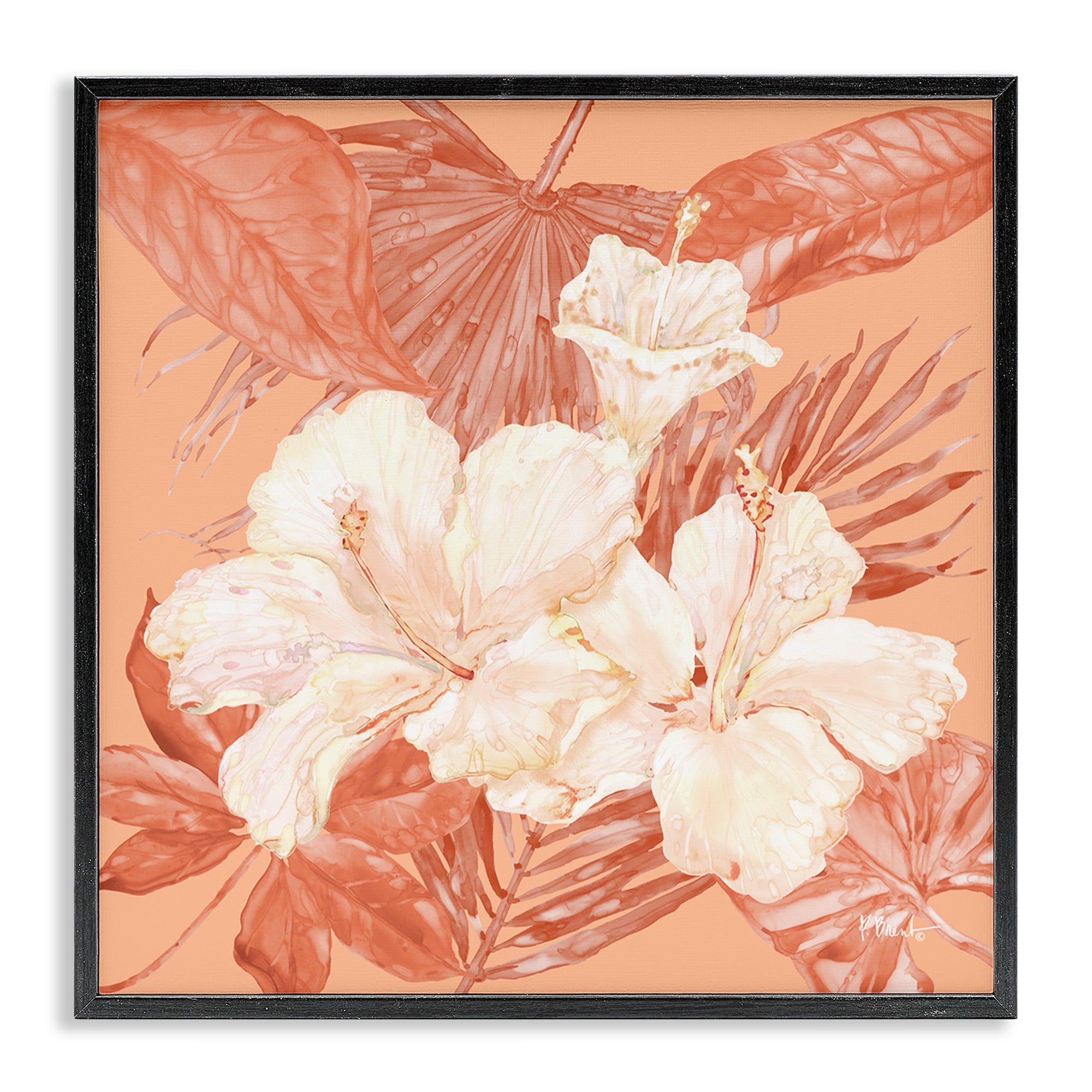 Stupell Industries Hibiscus & Palm Bundle Plants & Flowers Painting Black Framed Art Print Wall Art, 24 x 24
