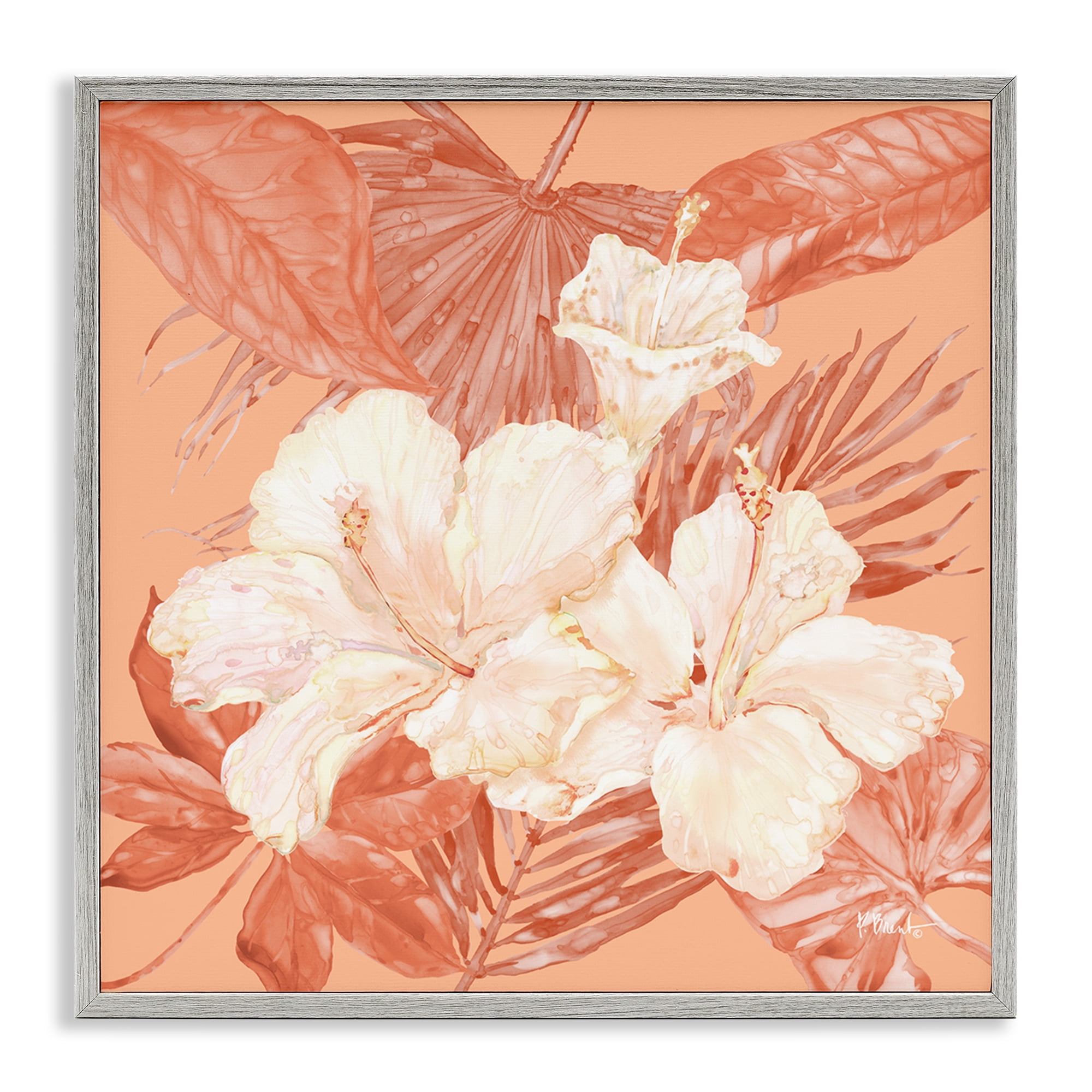 Stupell Industries Hibiscus & Palm Bundle Plants & Flowers Painting Gray Framed Art Print Wall Art, 17 x 17