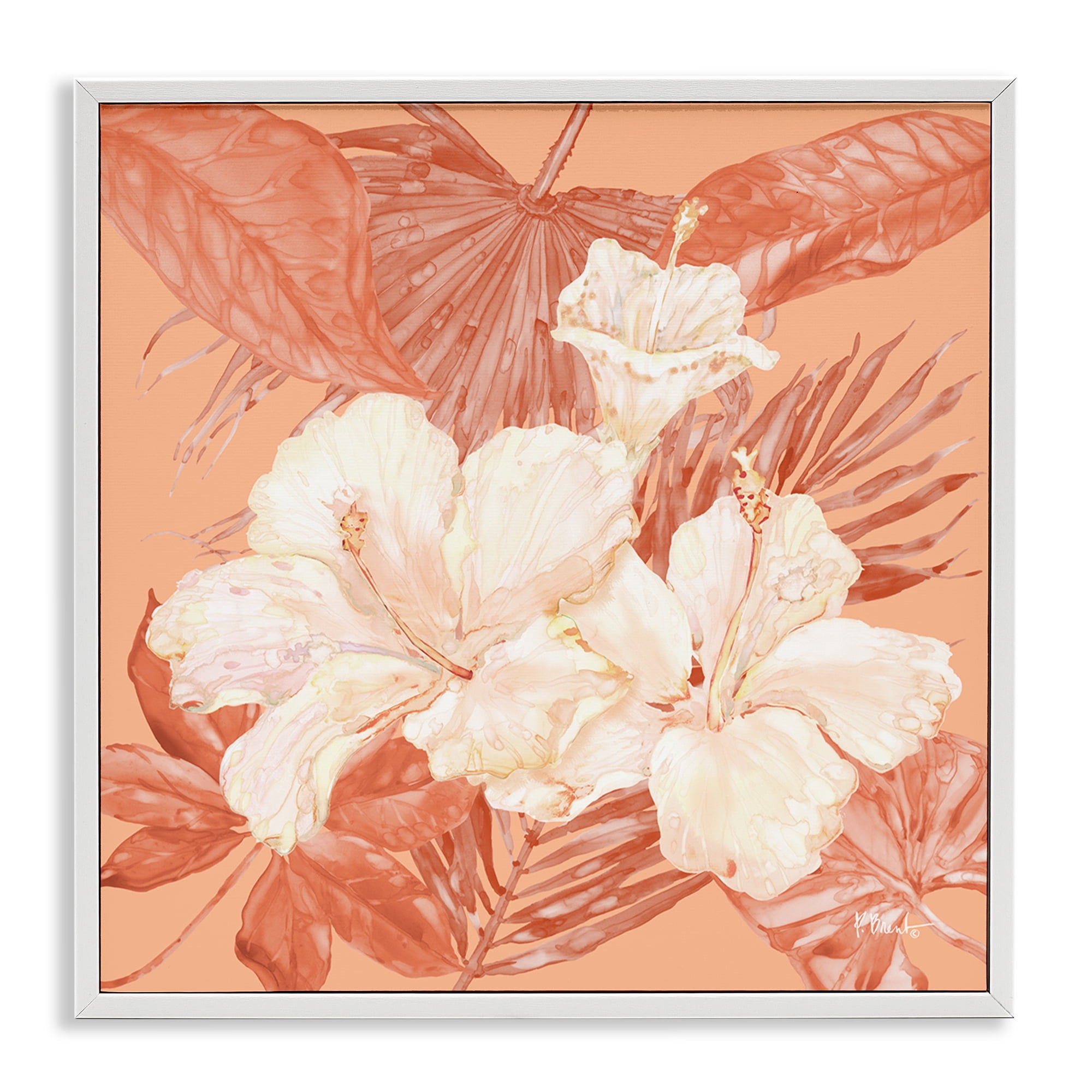 Stupell Industries Hibiscus & Palm Bundle Plants & Flowers Painting White Framed Art Print Wall Art, 17 x 17