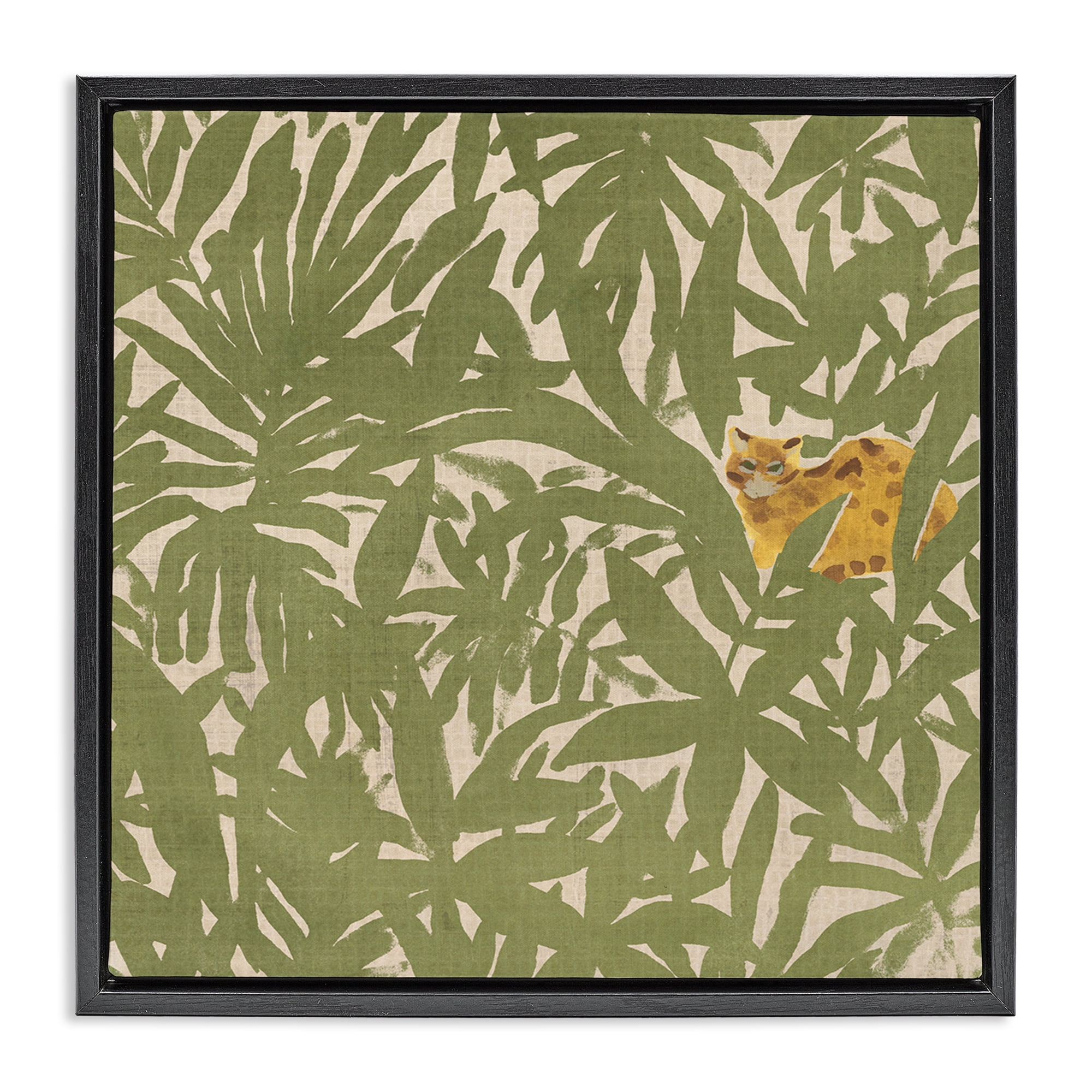 Stupell Industries Hiding Cheetah Palm Plants Botanical & Floral Painting Black Floater Framed Canvas Art Print Wall Art, 18 x 18