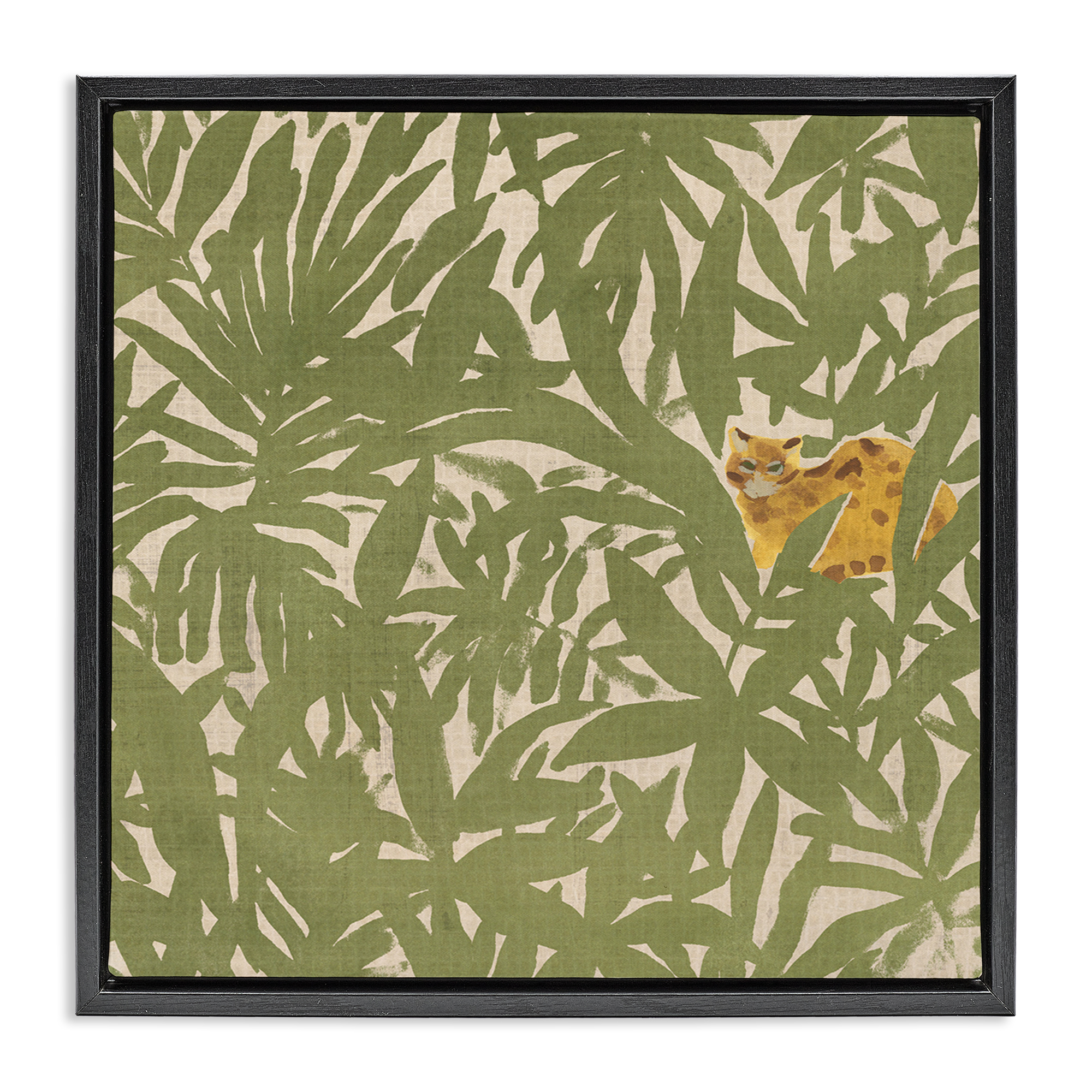 Stupell Industries Hiding Cheetah Palm Plants Botanical & Floral Painting Black Floater Framed Canvas Art Print Wall Art, 25 x 25