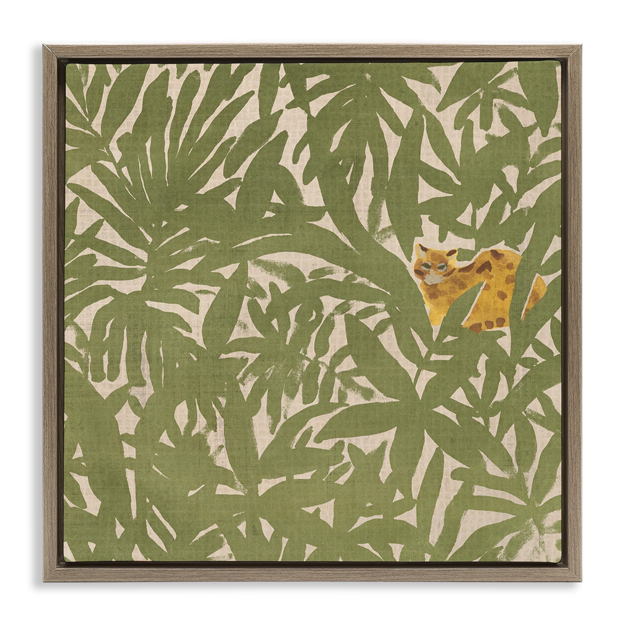 Stupell Industries Hiding Cheetah Palm Plants Botanical & Floral Painting Brown Floater Framed Canvas Art Print Wall Art, 18 x 18