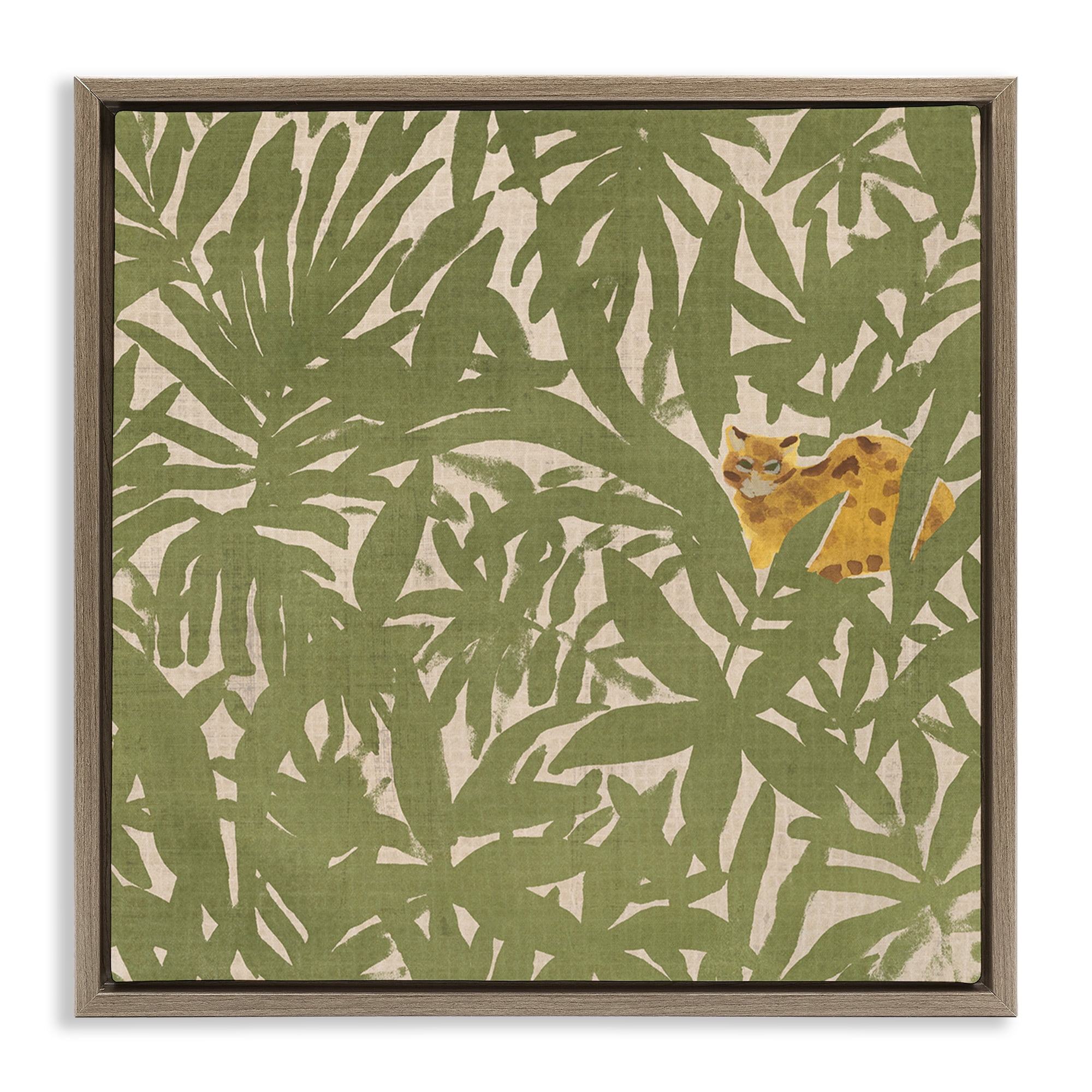 Stupell Industries Hiding Cheetah Palm Plants Botanical & Floral Painting Brown Floater Framed Canvas Art Print Wall Art, 25 x 25
