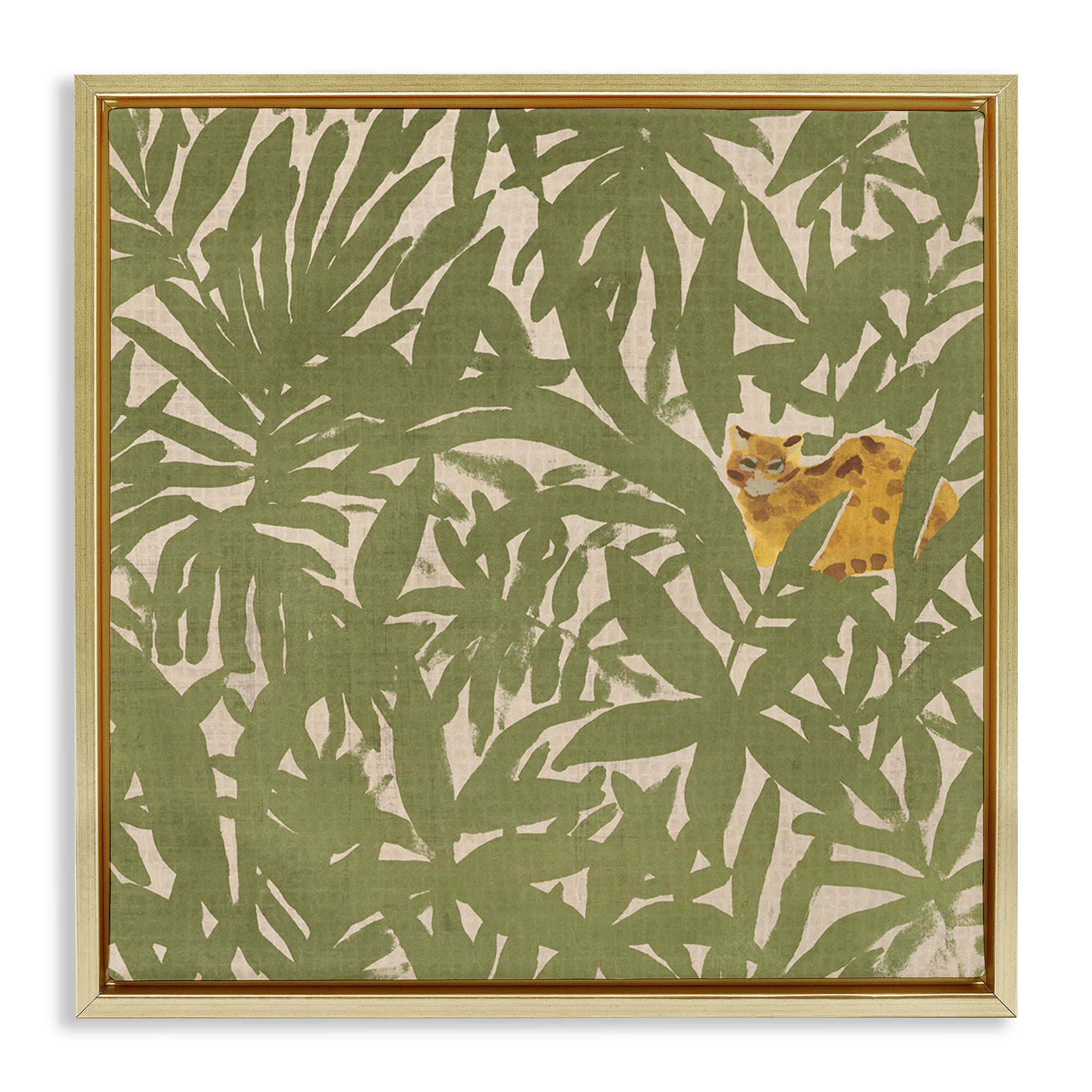 Stupell Industries Hiding Cheetah Palm Plants Botanical & Floral Painting Gold Floater Framed Canvas Art Print Wall Art, 25 x 25